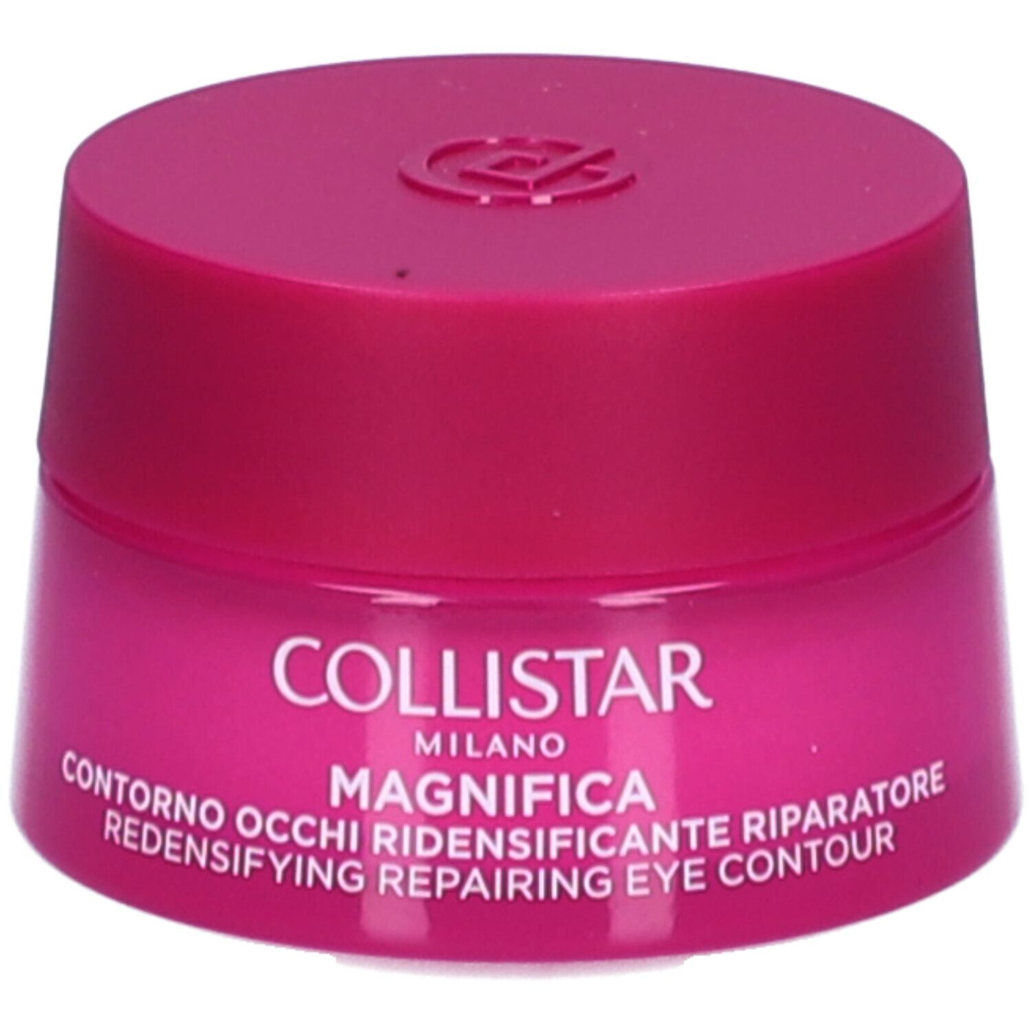 Rosa Tiegel mit Deckel. Aufschrift: Collistar, Magnifica, Contorno Occhi, Redensifying Repairing Eye Contour.