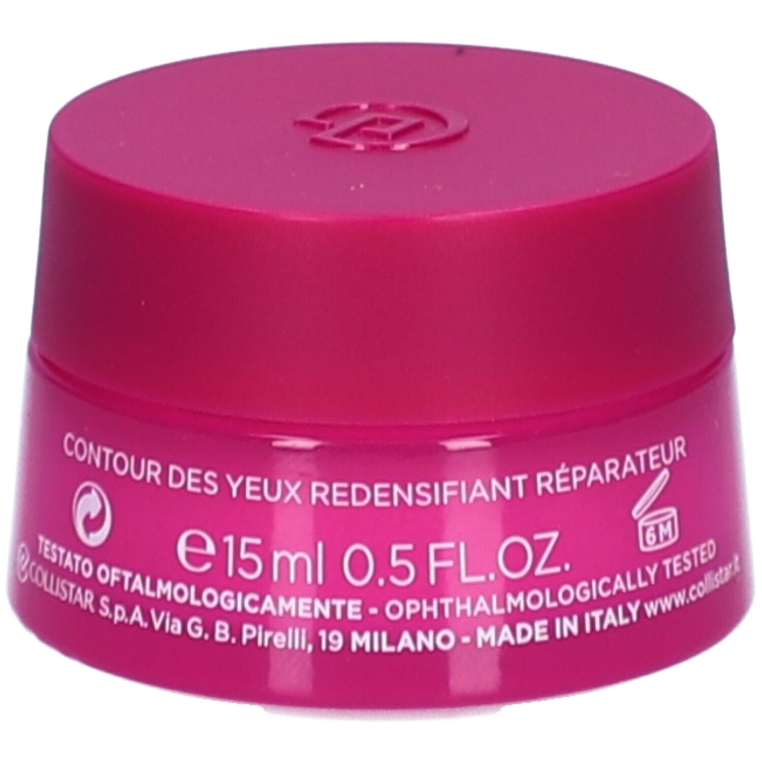 Rosa Tiegel mit Deckel. Aufschrift: Contour des yeux redensifiant réparateur. 15 ml 0,5 FL.OZ. 6M-Symbol.