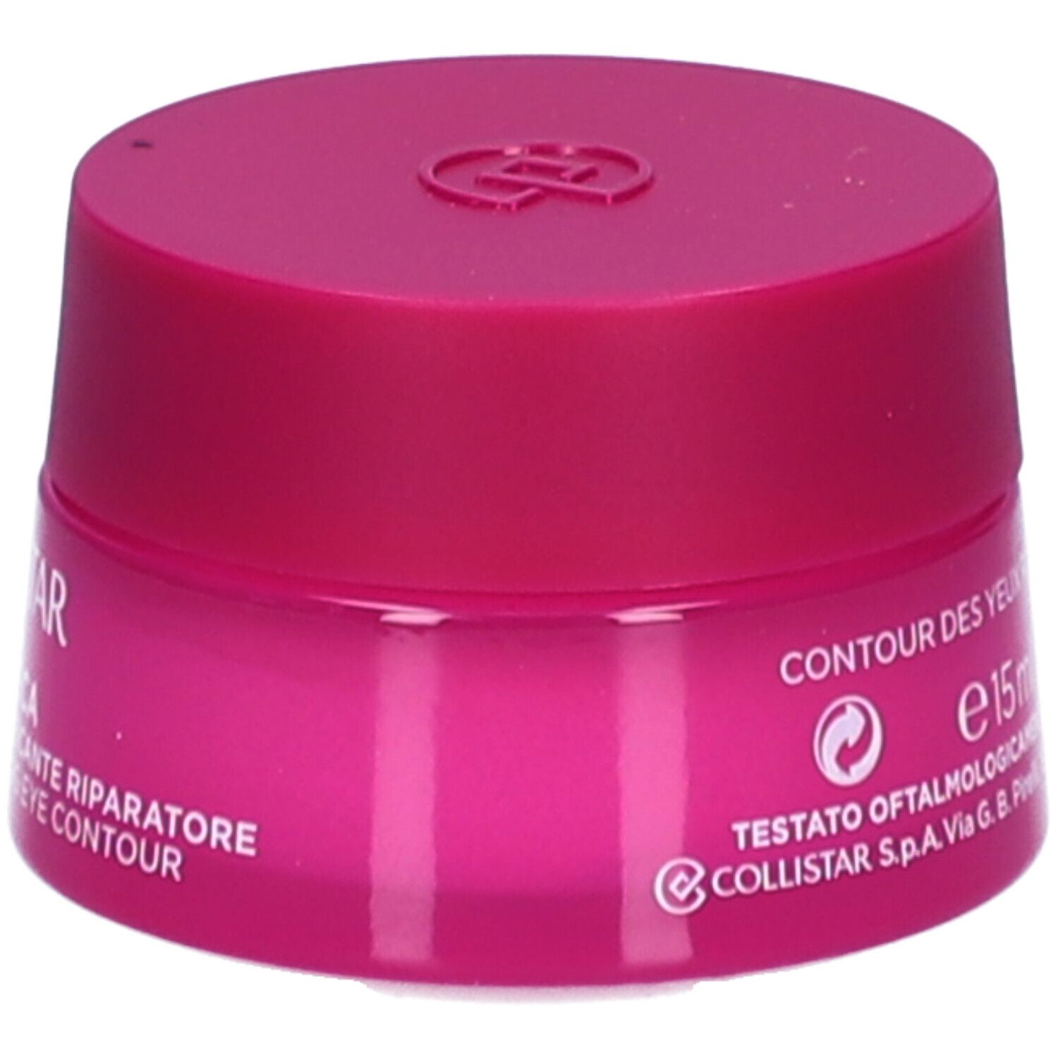 Rosa Tiegel mit Deckel. Aufschrift: Contour des yeux. 15 ml. Testato Oftalmologicamente. Collistar.