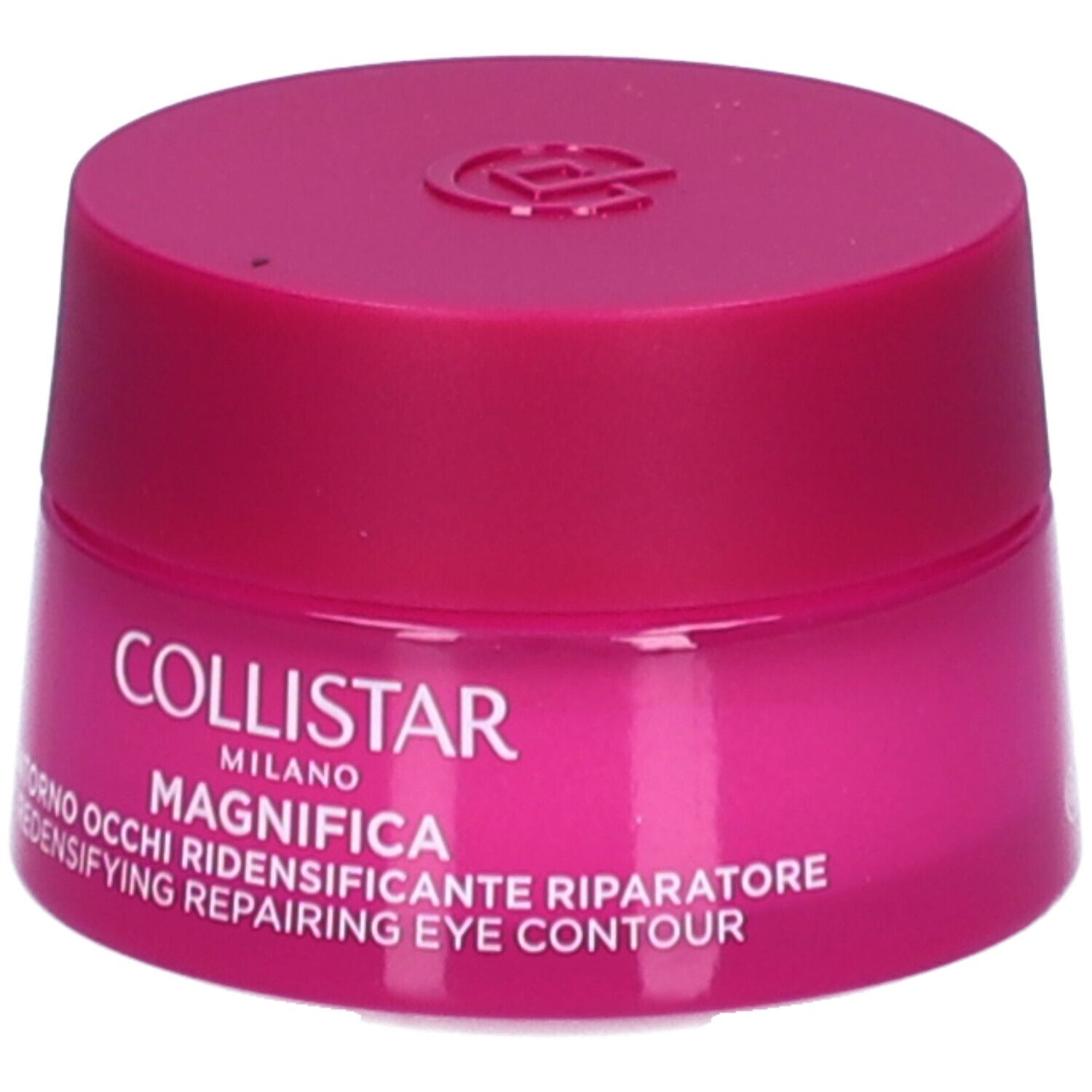 Rosa Tiegel mit Deckel. Aufschrift: Collistar, Magnifica, Contorno Occhi, Redensifying Repairing Eye Contour.