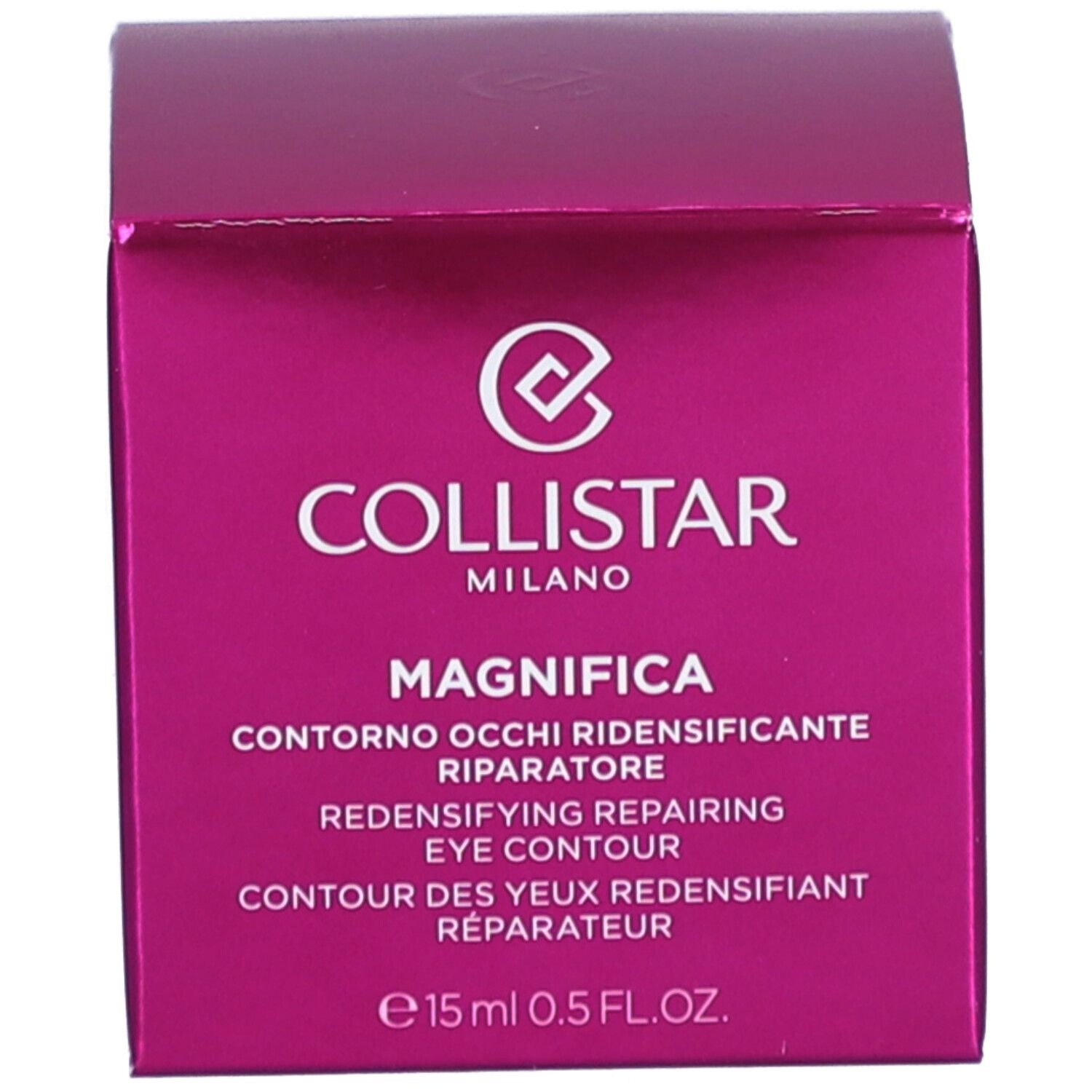 Rosa Schachtel. Aufschrift: Collistar, Magnifica, Contorno Occhi, Redensifying Repairing Eye Contour. 15 ml.