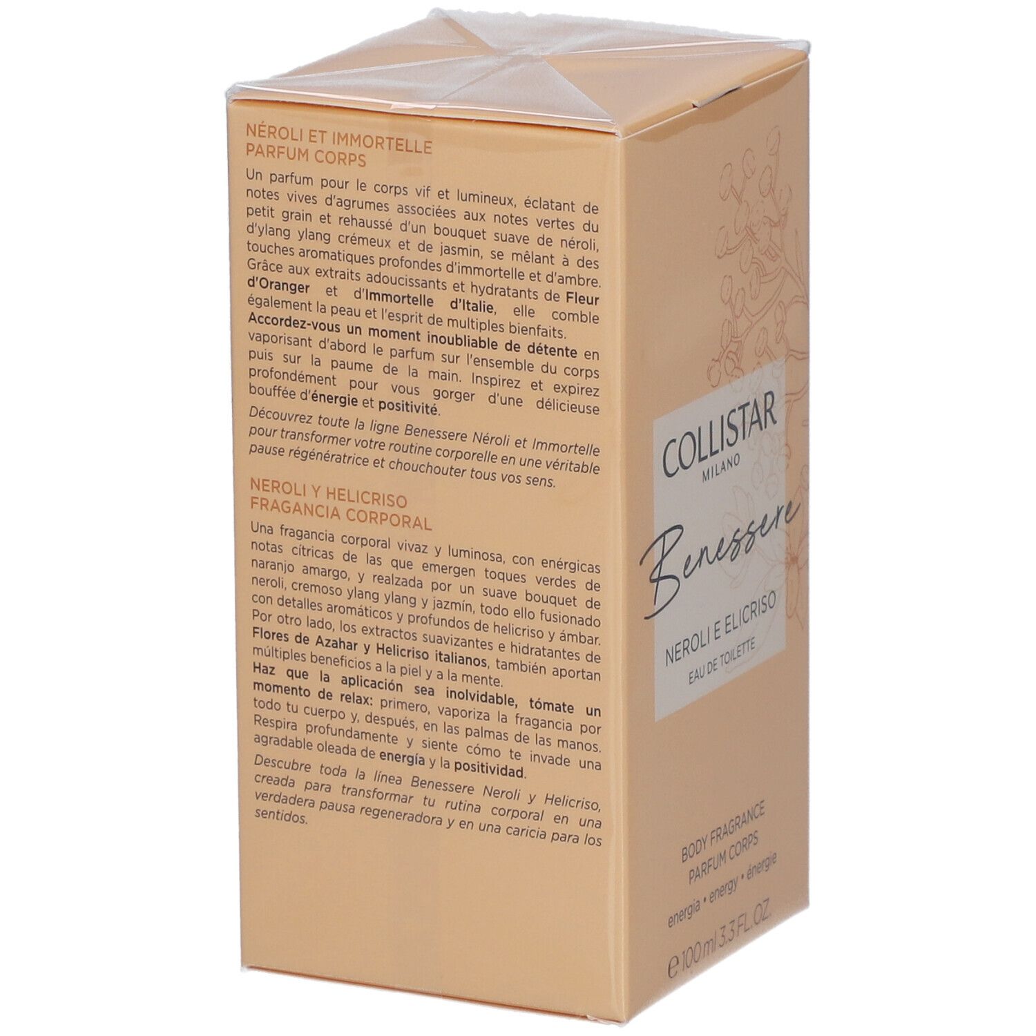 Beige Kartonverpackung. Text in italienischer, französischer und englischer Sprache. Aufschrift: Neroli e Elicriso, Eau de Toilette.