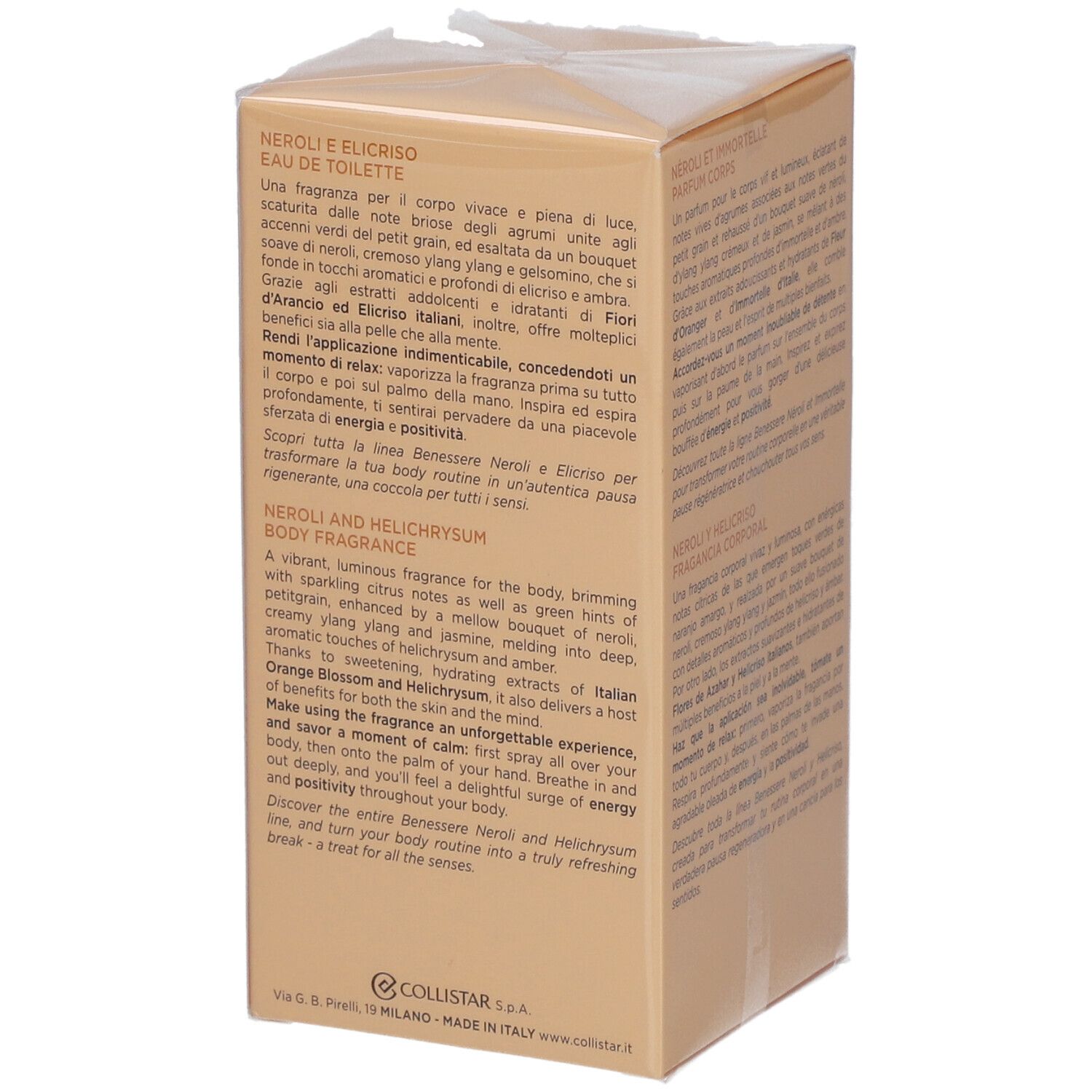 Beige Kartonverpackung. Text in italienischer, französischer und englischer Sprache. Aufschrift: Neroli e Elicriso, Eau de Toilette.