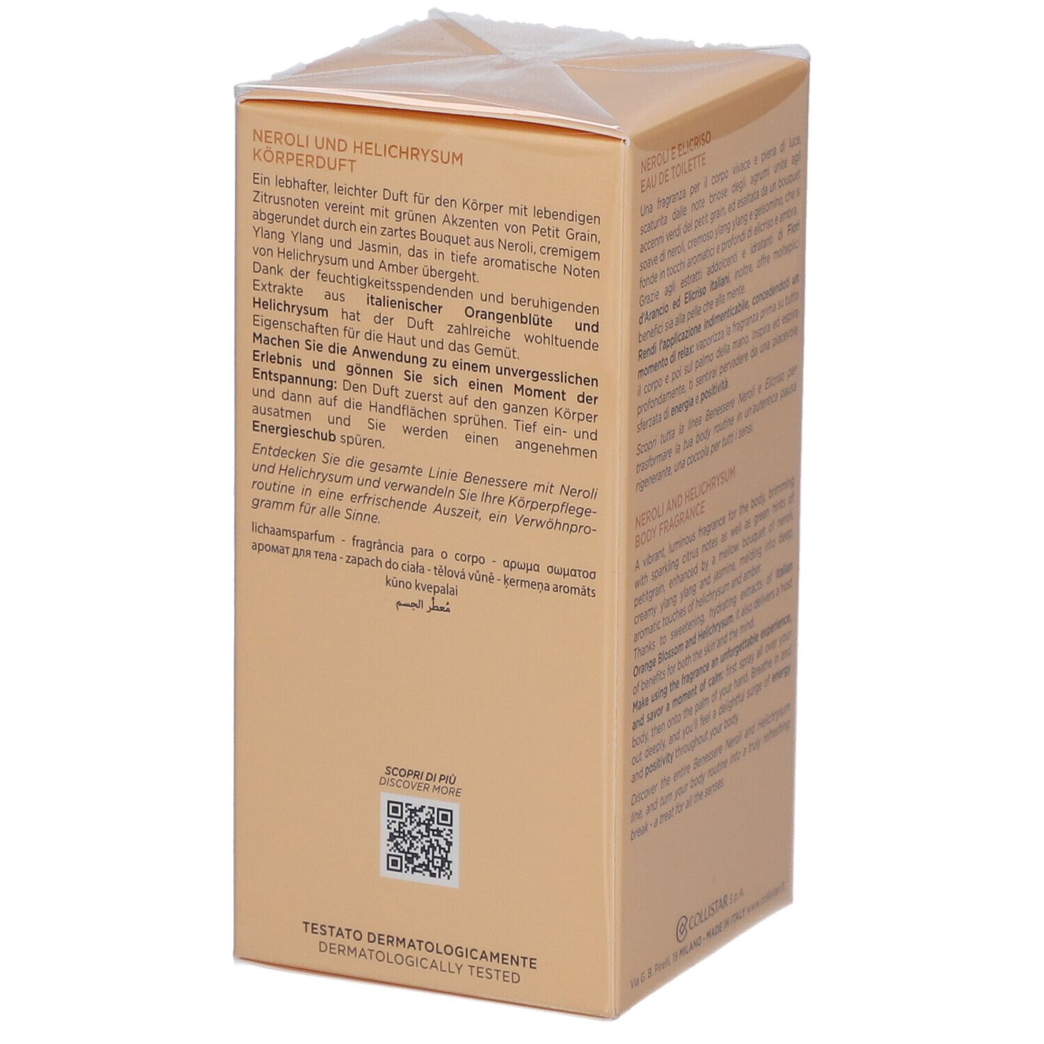 Beige Kartonverpackung. Text in italienischer, französischer und englischer Sprache. Aufschrift: Neroli e Elicriso, Eau de Toilette.