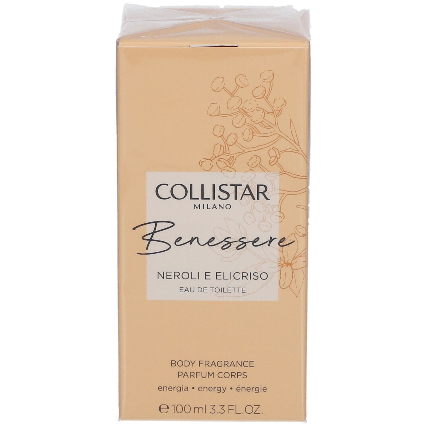 Beige Kartonverpackung. Aufschrift: Collistar Milano, Benessere, Neroli e Elicriso, Eau de Toilette. 100 ml.