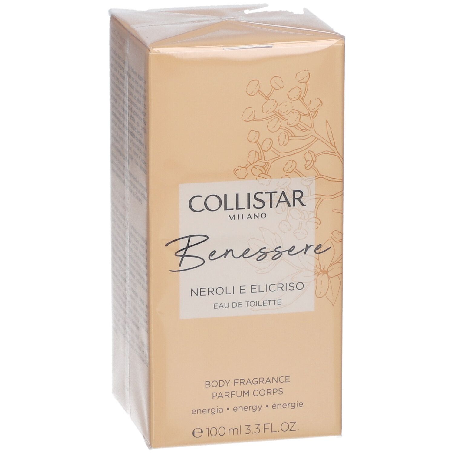 Beige Kartonverpackung. Aufschrift: Collistar Milano, Benessere, Neroli e Elicriso, Eau de Toilette. 100 ml.