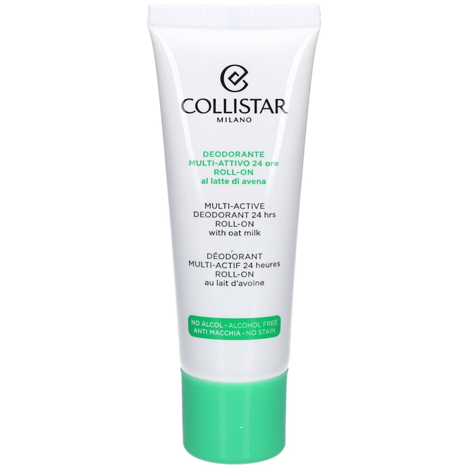 Weiß-grüne Tube. Text: Collistar, Déodorant Multi-actif 24 heures Roll-on. Ohne Alkohol, ohne Flecken.