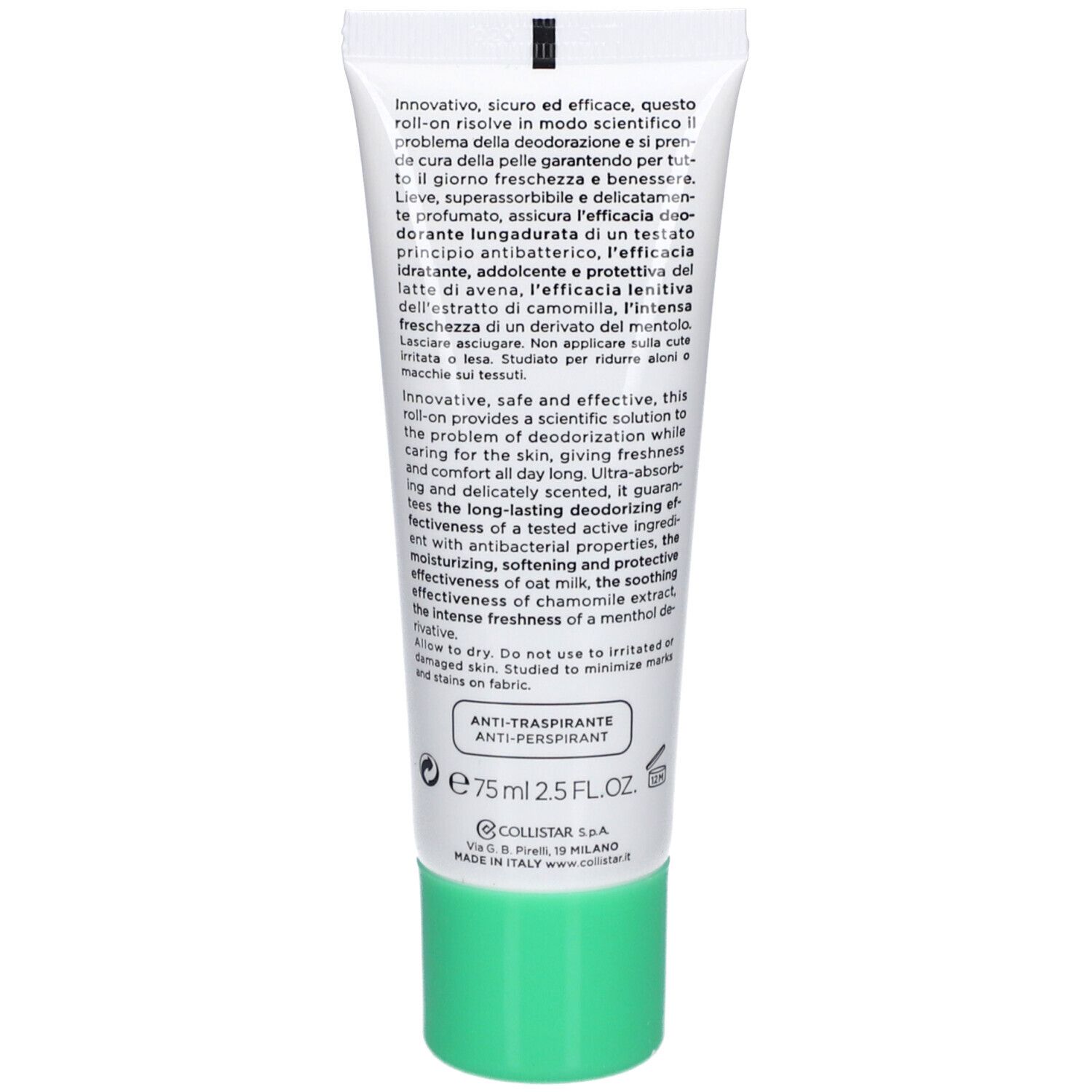 Rückseite der Tube. Text: Anti-Transpirant, 75 ml. Inhaltsangaben in mehreren Sprachen.