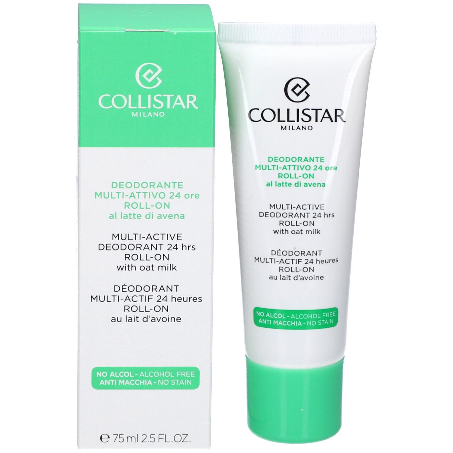 Produktverpackung. Tube und Schachtel. Text: Collistar, Déodorant Multi-actif 24 heures Roll-on. Ohne Alkohol, ohne Flecken.
