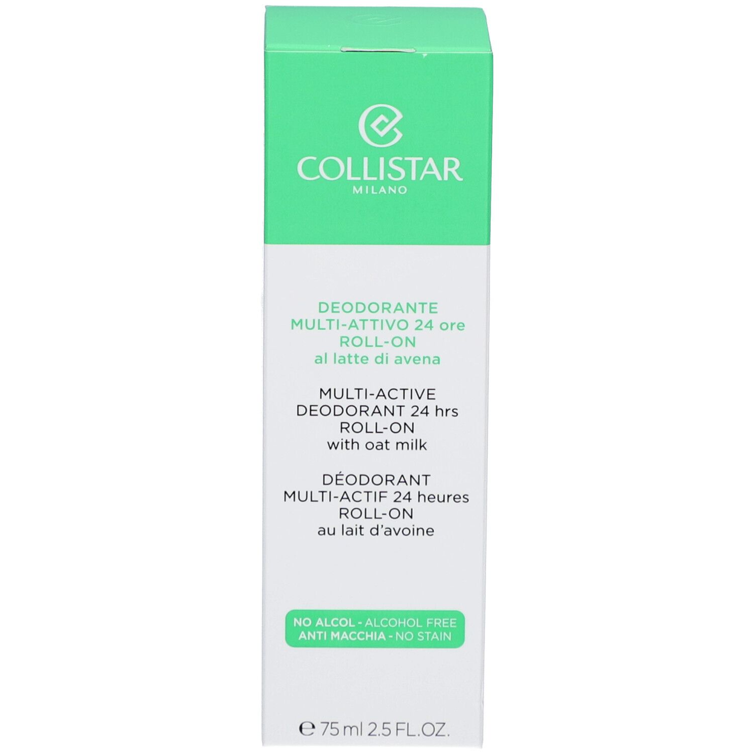 Grüne Schachtel. Text: Collistar, Déodorant Multi-actif 24 heures Roll-on. 75 ml.