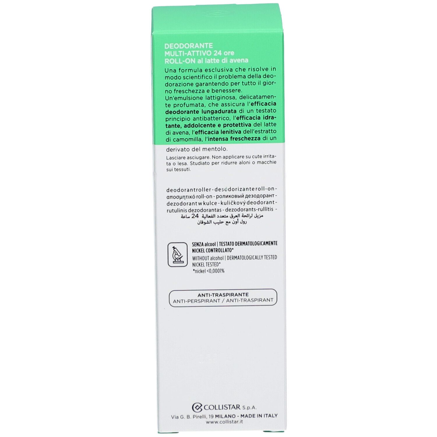 Rückseite der Schachtel. Text in mehreren Sprachen. Anti-Transpirant, dermatologisch getestet.