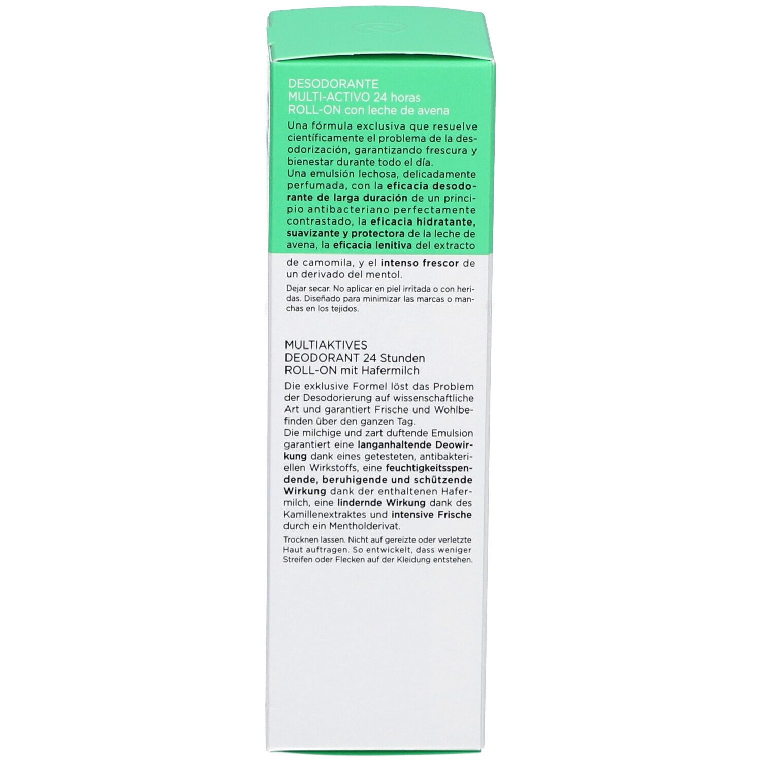 Rückseite der Schachtel. Text in mehreren Sprachen. Anti-Transpirant, dermatologisch getestet.
