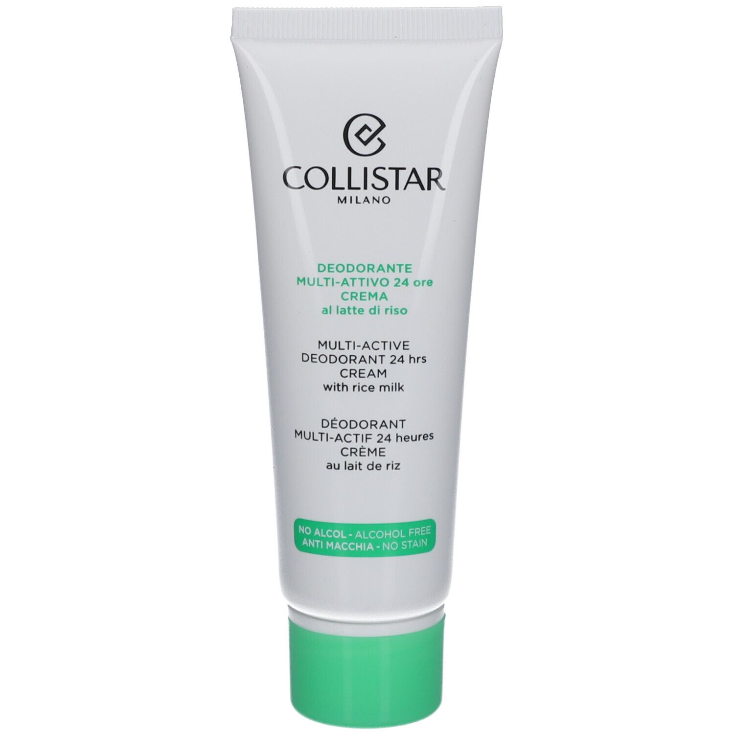 Collistar deodorantcrème. Witte tube met groene dop. Tekst: Deodorante Multi-Attivo 24 ore Crema.
