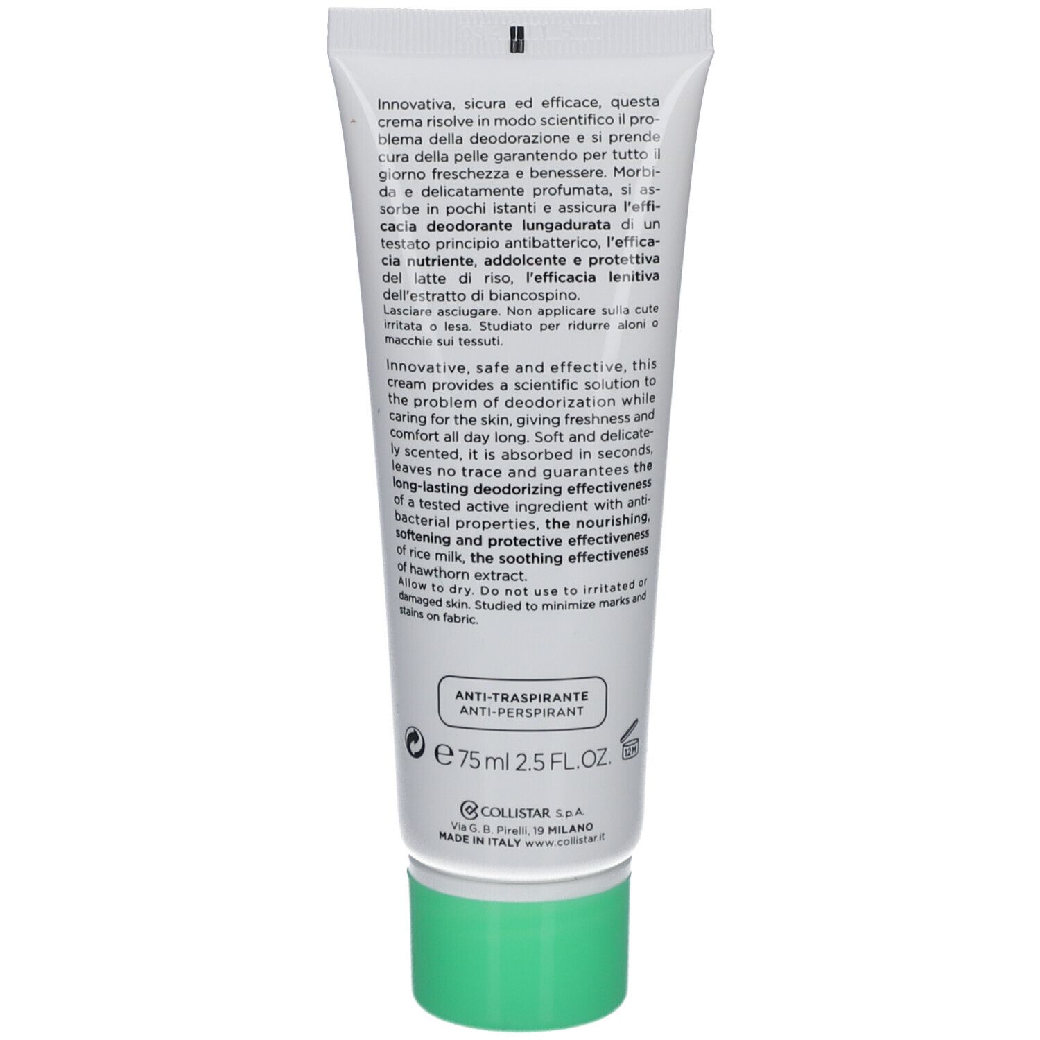Achterkant van de Collistar deodorantcrèmetube. Tekst en ingrediënten. Groene dop. Anti-transpirant.