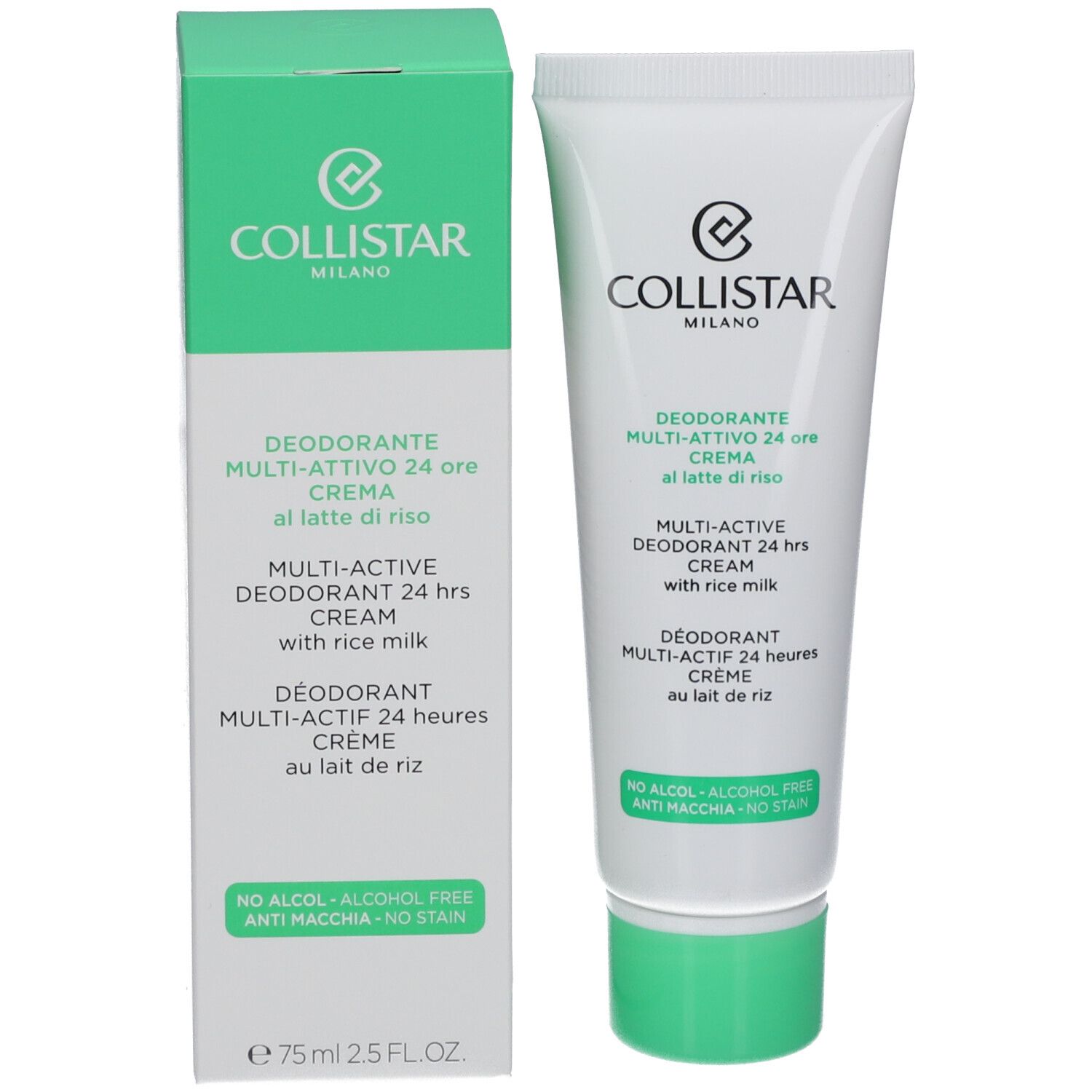 Collistar deodorantcrème en verpakking. Witte tube, groene verpakking. Tekst: Deodorante Multi-Attivo 24 ore Crema.