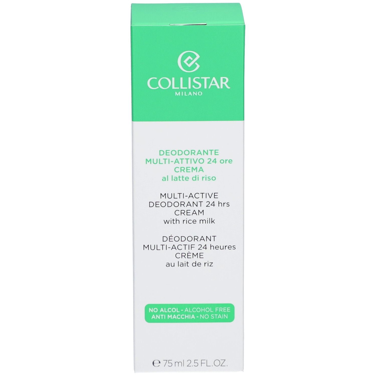 Groene verpakking van de Collistar deodorantcrème. Tekst: Deodorante Multi-Attivo 24 ore Crema. Witte achtergrond.