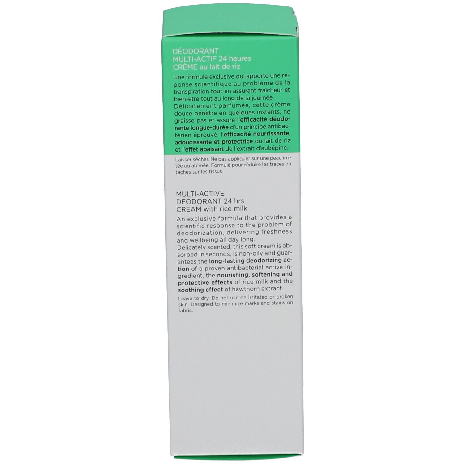 Achterkant van de groene verpakking van de Collistar deodorantcrème. Tekst en ingrediënten. Witte achtergrond.