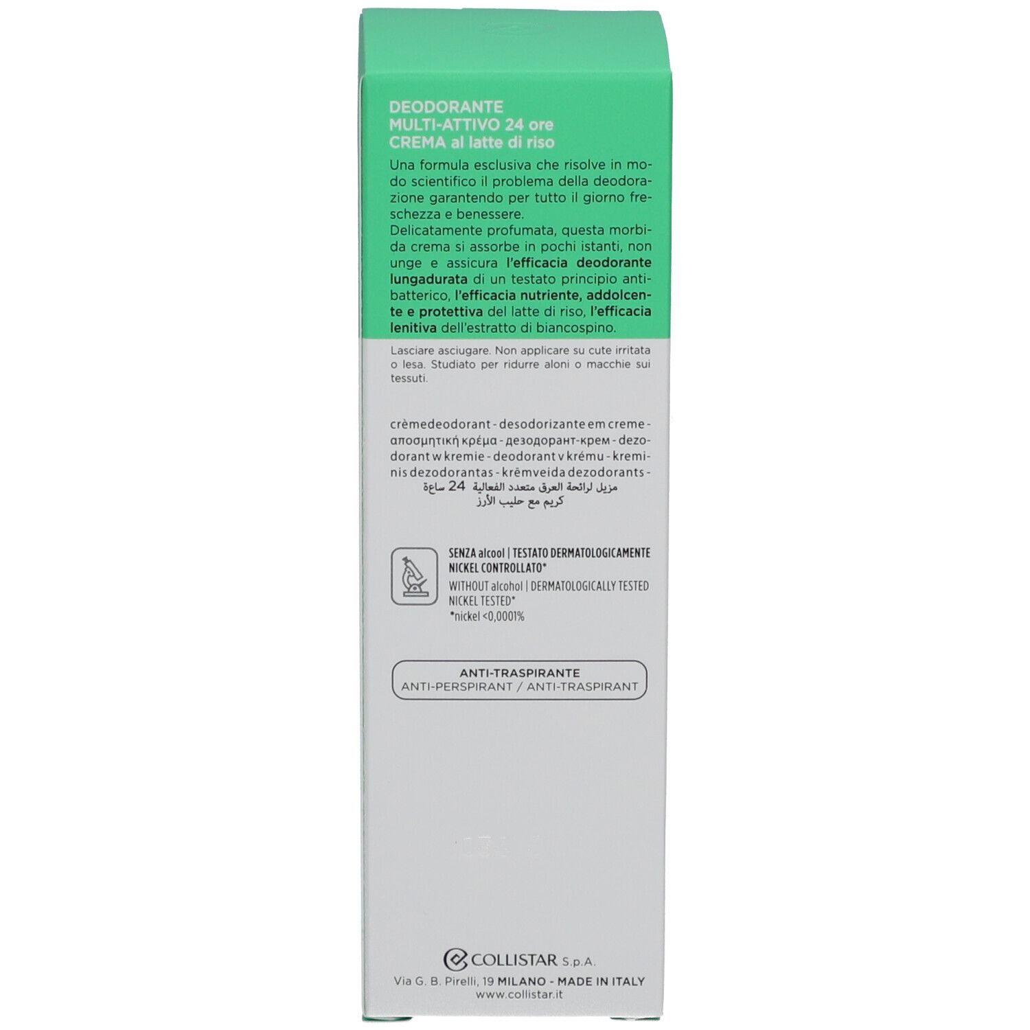 Achterkant van de groene verpakking van de Collistar deodorantcrème. Tekst en ingrediënten. Witte achtergrond.
