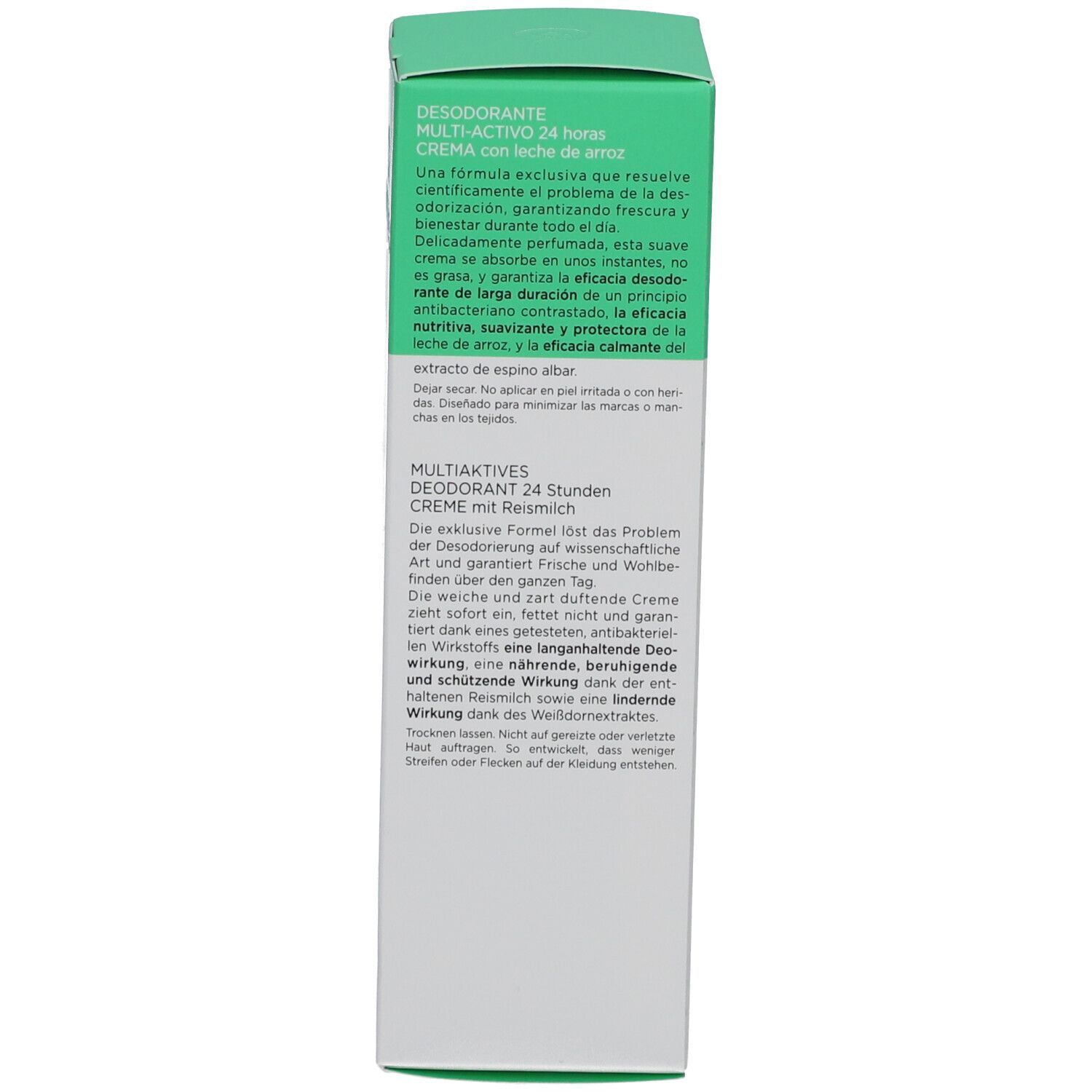 Achterkant van de groene verpakking van de Collistar deodorantcrème. Tekst en ingrediënten. Witte achtergrond.