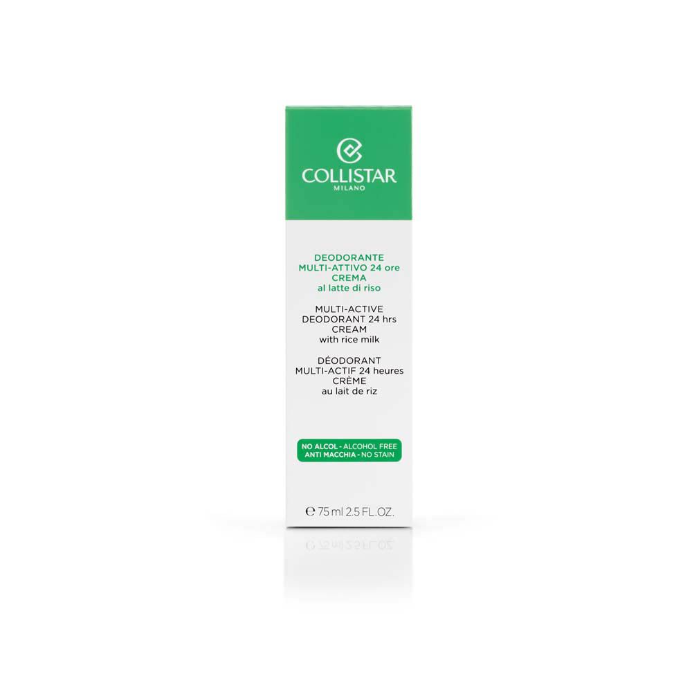 Groene verpakking van de Collistar deodorantcrème. Tekst: Deodorante Multi-Attivo 24 ore Crema. Witte achtergrond.