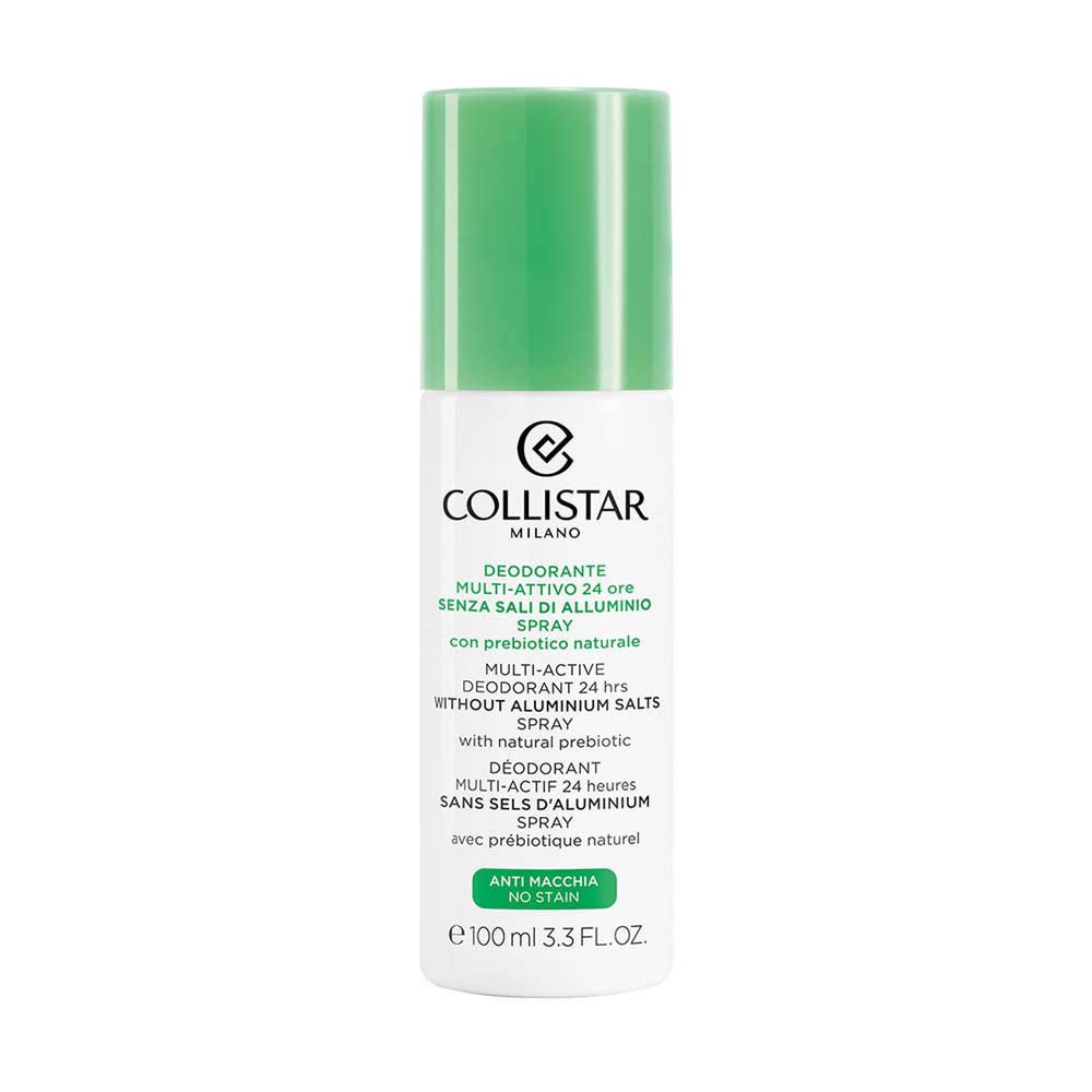 Deo-spray met groene dop. Opschrift: COLLISTAR MILANO, Deodorant Multi-Active 24 uur, zonder aluminiumzouten.