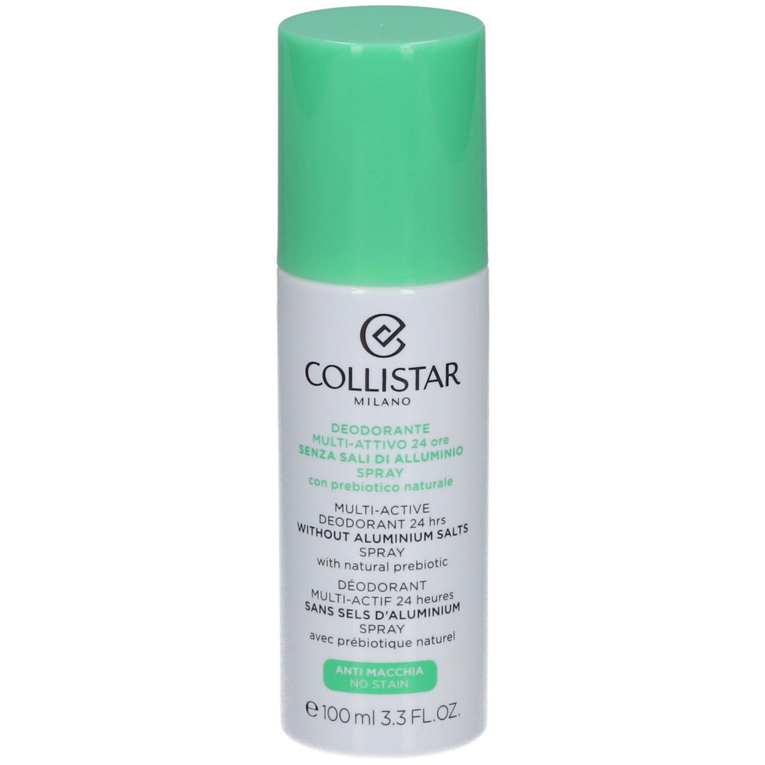 Spray déodorant avec bouchon vert. Inscriptions: COLLISTAR MILANO, Déodorant Multi-Actif 24 heures, sans sels d'aluminium.