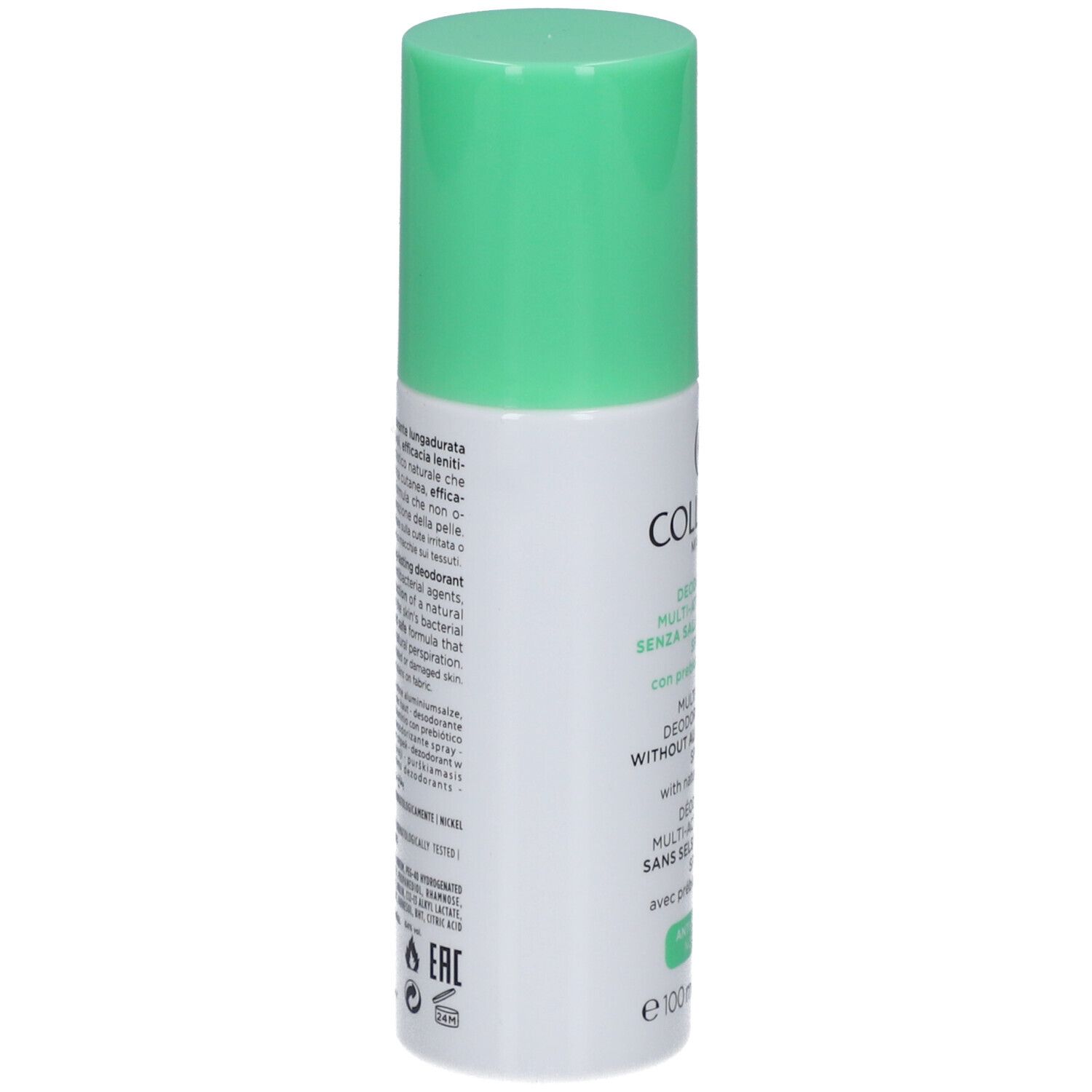 Spray déodorant, dos avec texte. Bouchon vert. Inscriptions: COLLISTAR, Déodorant Multi-Actif 24 heures, sans sels d'aluminium.