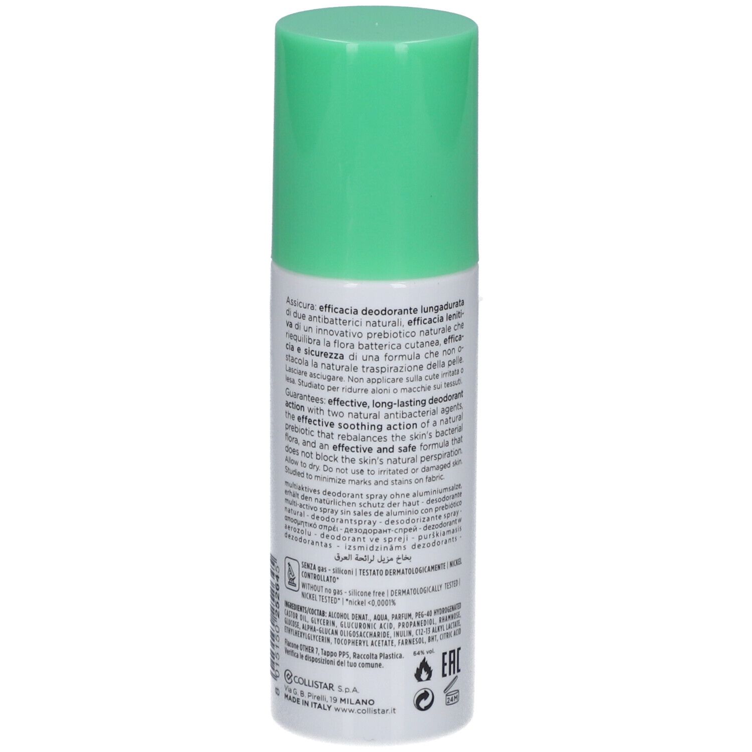 Spray déodorant, dos avec texte. Bouchon vert. Inscriptions: COLLISTAR, Déodorant Multi-Actif 24 heures, sans sels d'aluminium.