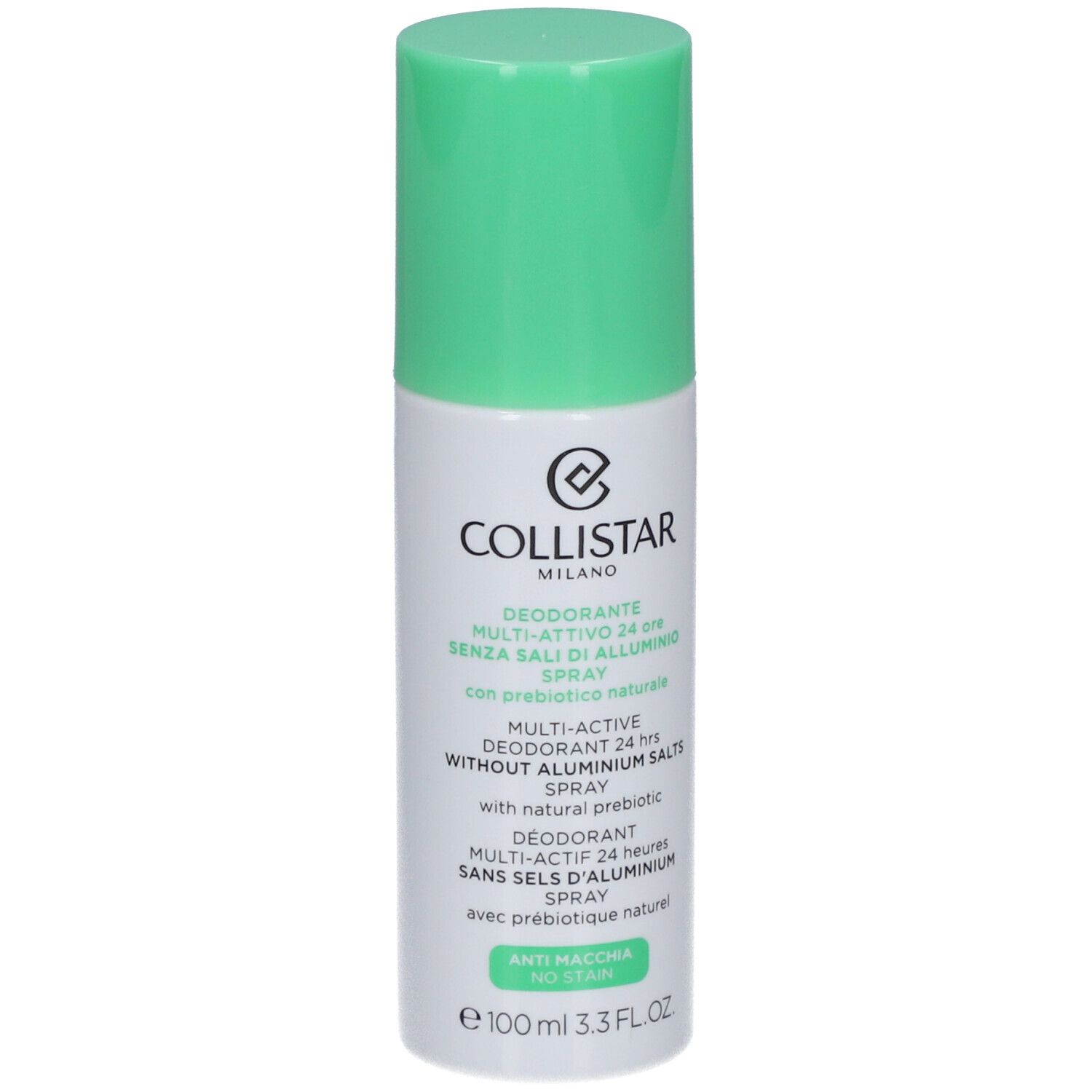 Spray déodorant avec bouchon vert. Inscriptions: COLLISTAR MILANO, Déodorant Multi-Actif 24 heures, sans sels d'aluminium.