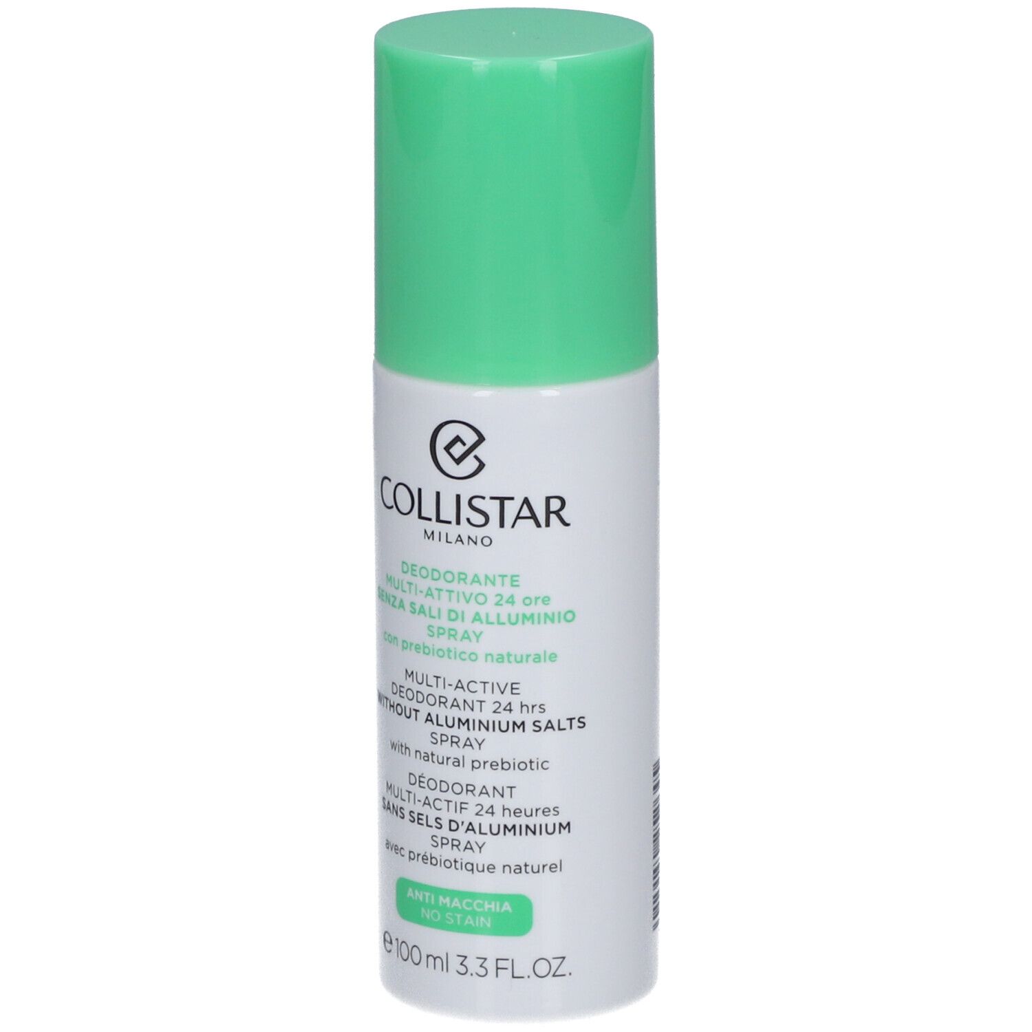 Spray déodorant avec bouchon vert. Inscriptions: COLLISTAR MILANO, Déodorant Multi-Actif 24 heures, sans sels d'aluminium.