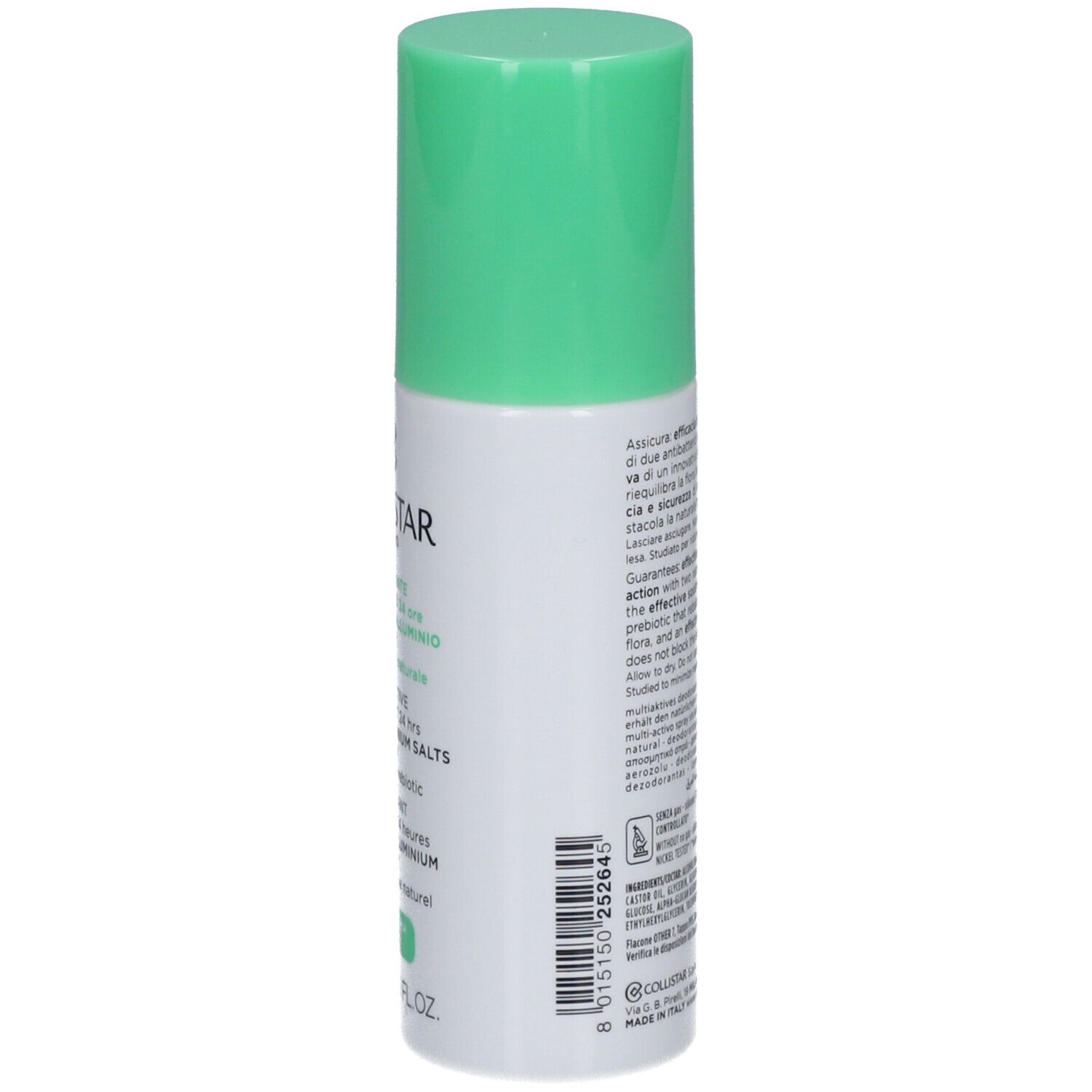 Spray déodorant, dos avec texte. Bouchon vert. Inscriptions: COLLISTAR, Déodorant Multi-Actif 24 heures, sans sels d'aluminium.