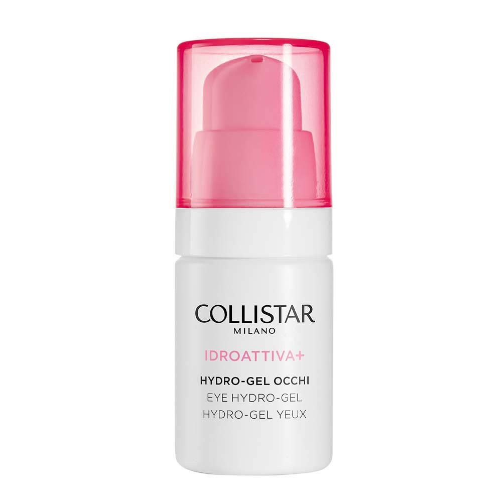 Flacon cylindrique blanc et rose. Inscriptions : COLLISTAR, IDROATTIVA+, HYDRO-GEL OCCHI, EYE HYDRO-GEL, HYDRO-GEL YEUX.