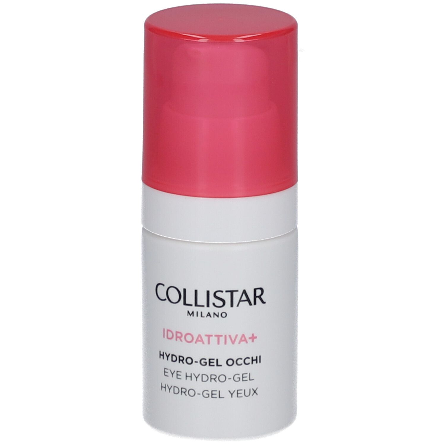 Weißer Zylinder mit rosa Deckel. Aufschrift: COLLISTAR, IDROATTIVA+, HYDRO-GEL OCCHI, EYE HYDRO-GEL, HYDRO-GEL YEUX.