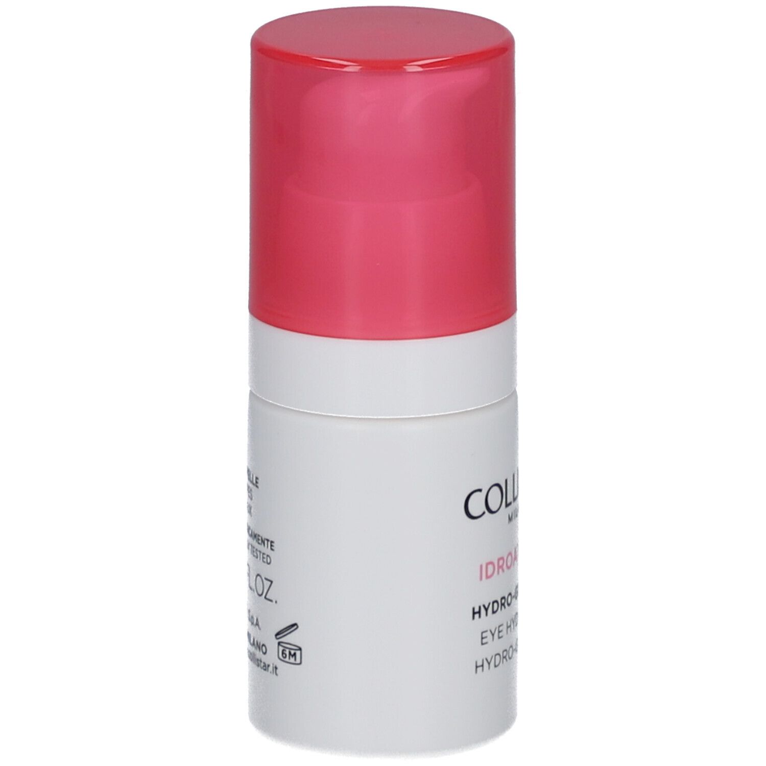 Weißer Zylinder mit rosa Deckel. Aufschrift: COLLISTAR, IDROATTIVA+, HYDRO-GEL OCCHI, EYE HYDRO-GEL, HYDRO-GEL YEUX. Rückseite mit Text.