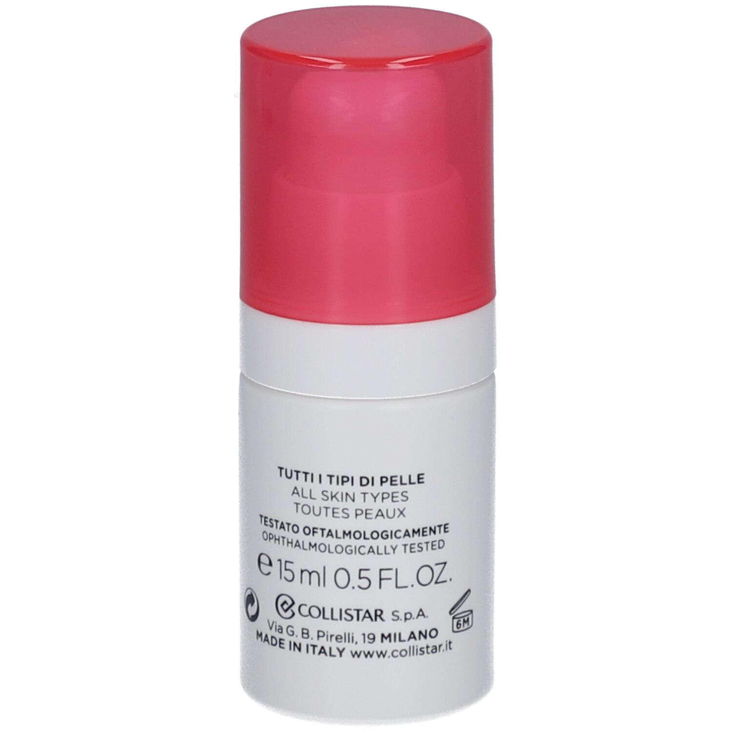 Weißer Zylinder mit rosa Deckel. Aufschrift: COLLISTAR, IDROATTIVA+, HYDRO-GEL OCCHI, EYE HYDRO-GEL, HYDRO-GEL YEUX. Text und Größe.
