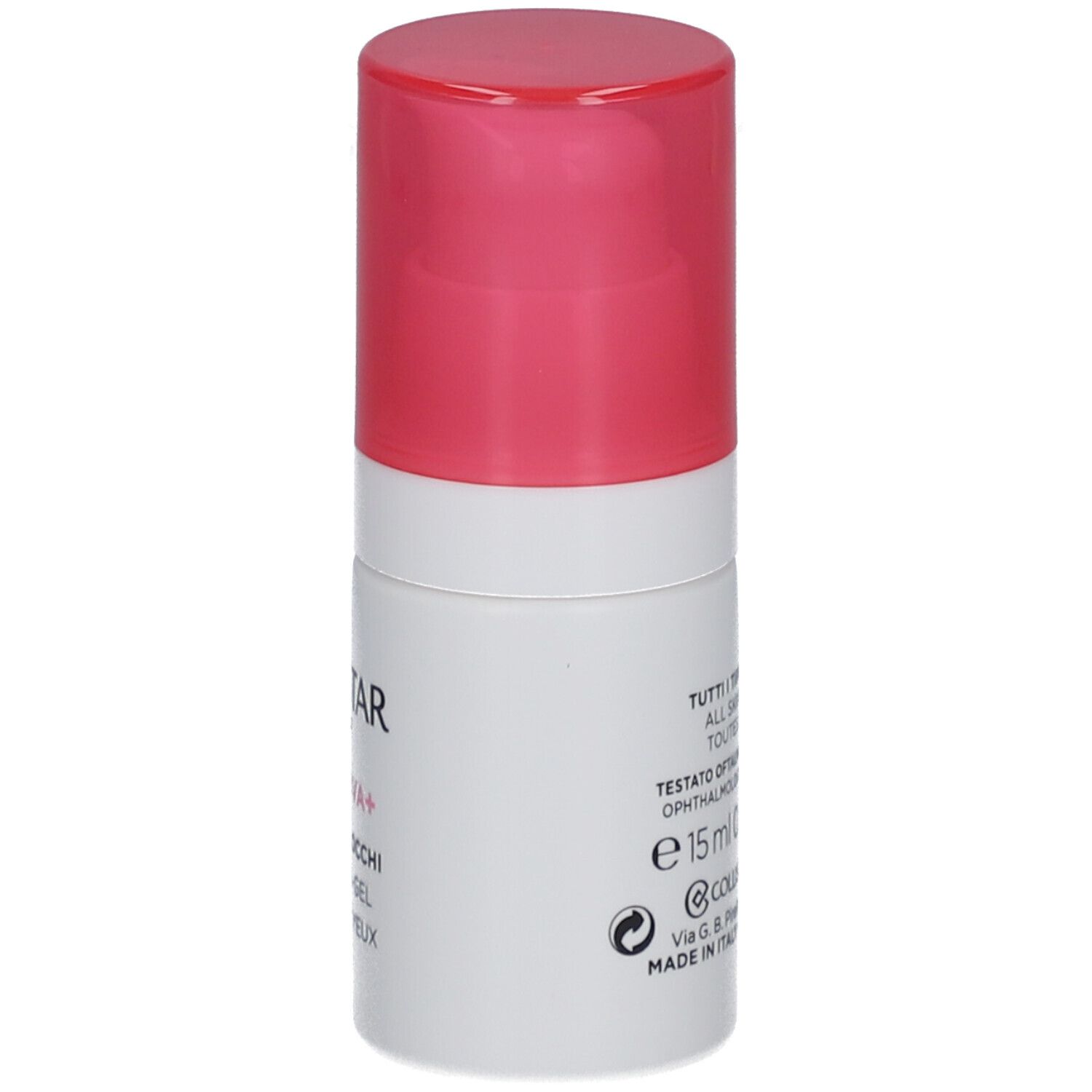 Weißer Zylinder mit rosa Deckel. Aufschrift: COLLISTAR, IDROATTIVA+, HYDRO-GEL OCCHI, EYE HYDRO-GEL, HYDRO-GEL YEUX. Detailansicht.