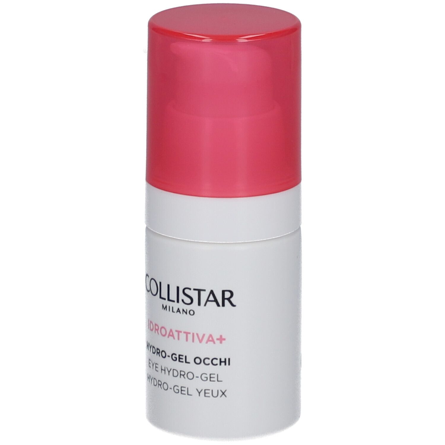 Weißer Zylinder mit rosa Deckel. Aufschrift: COLLISTAR, IDROATTIVA+, HYDRO-GEL OCCHI, EYE HYDRO-GEL, HYDRO-GEL YEUX.
