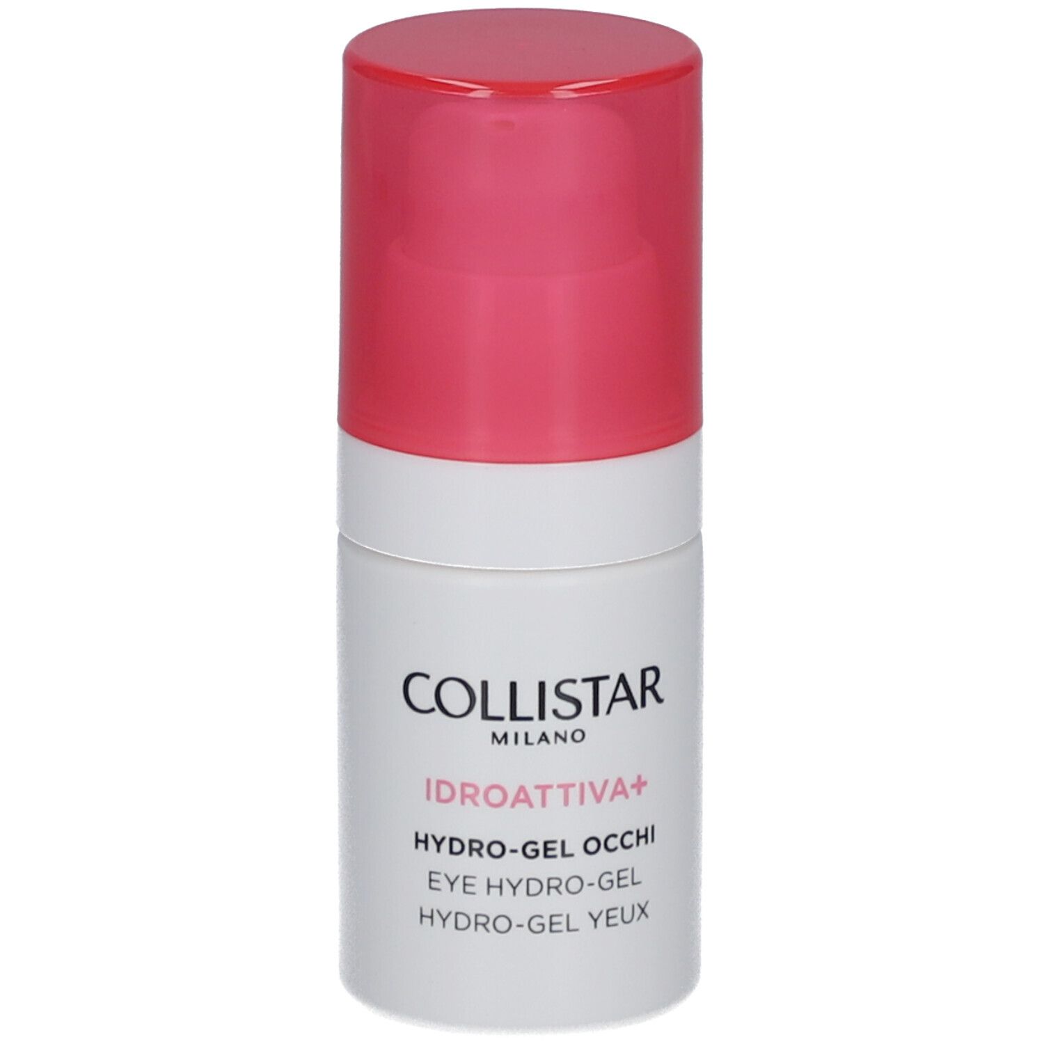 Weißer Zylinder mit rosa Deckel. Aufschrift: COLLISTAR, IDROATTIVA+, HYDRO-GEL OCCHI, EYE HYDRO-GEL, HYDRO-GEL YEUX.