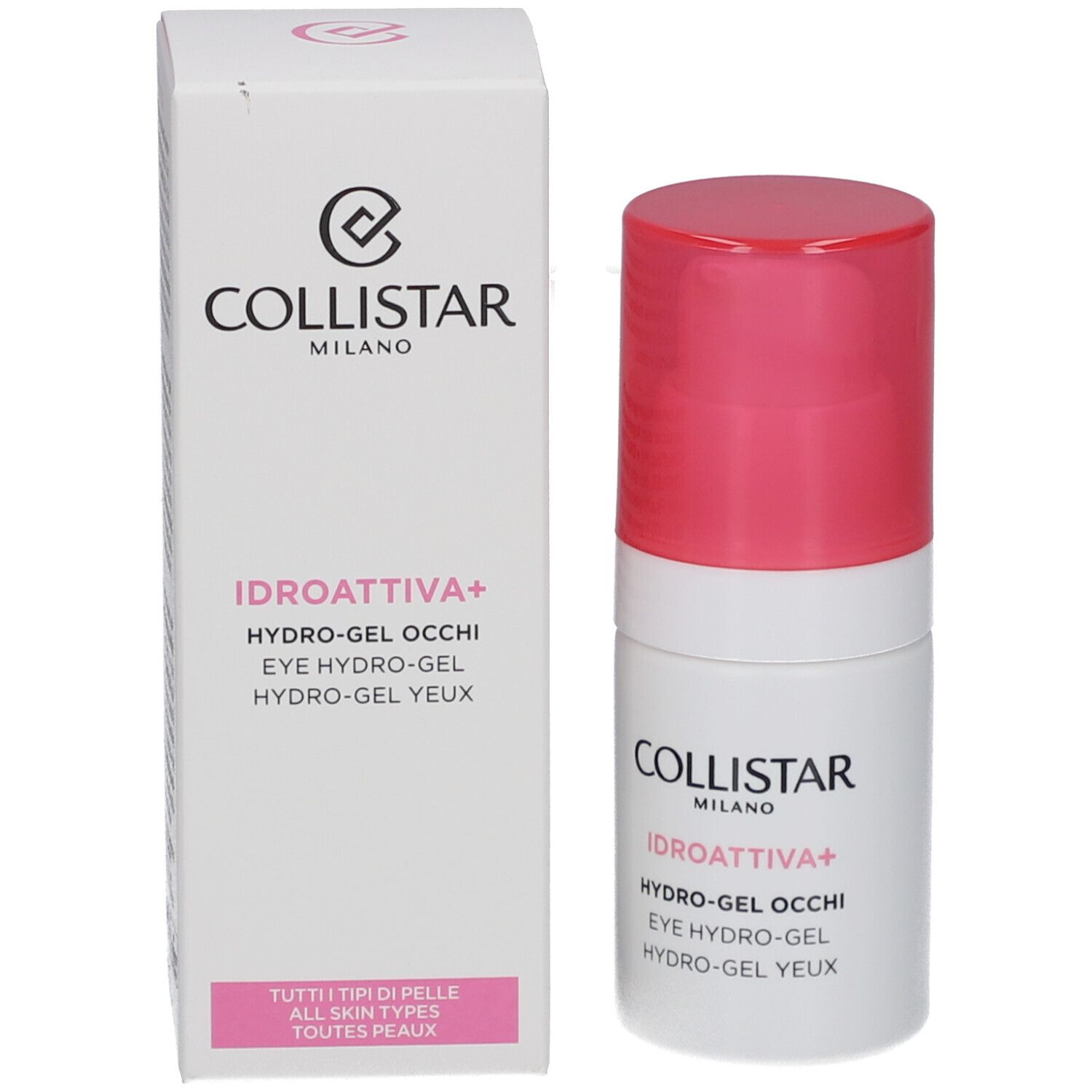 Produkt und Verpackung. Weißer Zylinder mit rosa Deckel und Karton. Aufschrift: COLLISTAR, IDROATTIVA+.