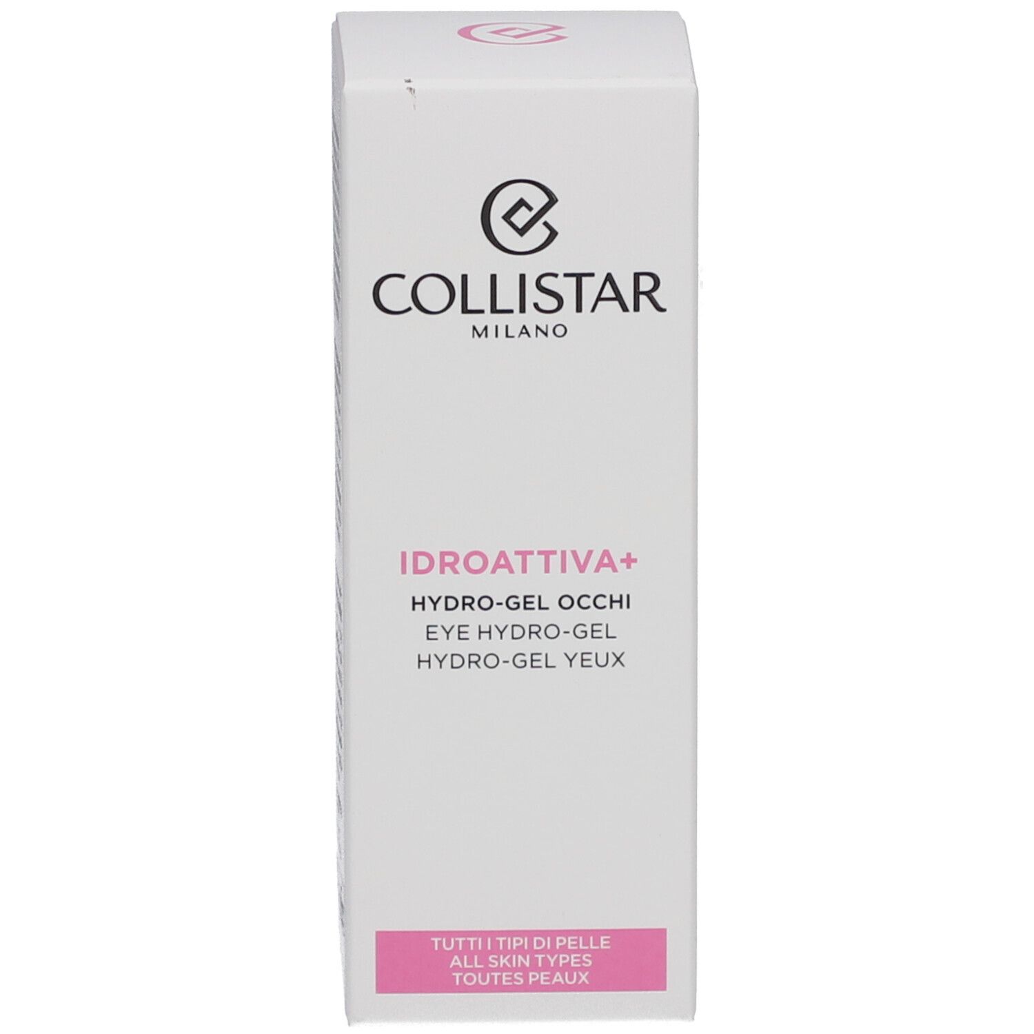 Kartonverpackung. Aufschrift: COLLISTAR, IDROATTIVA+, HYDRO-GEL OCCHI, EYE HYDRO-GEL, HYDRO-GEL YEUX.
