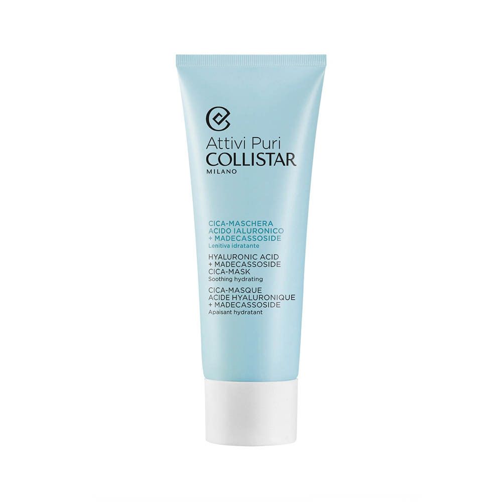 Lichtblauwe tube met witte dop. Opschrift: Attivi Puri Collistar, Cica-Masque, Acide Hyaluronique + Madecassoside.