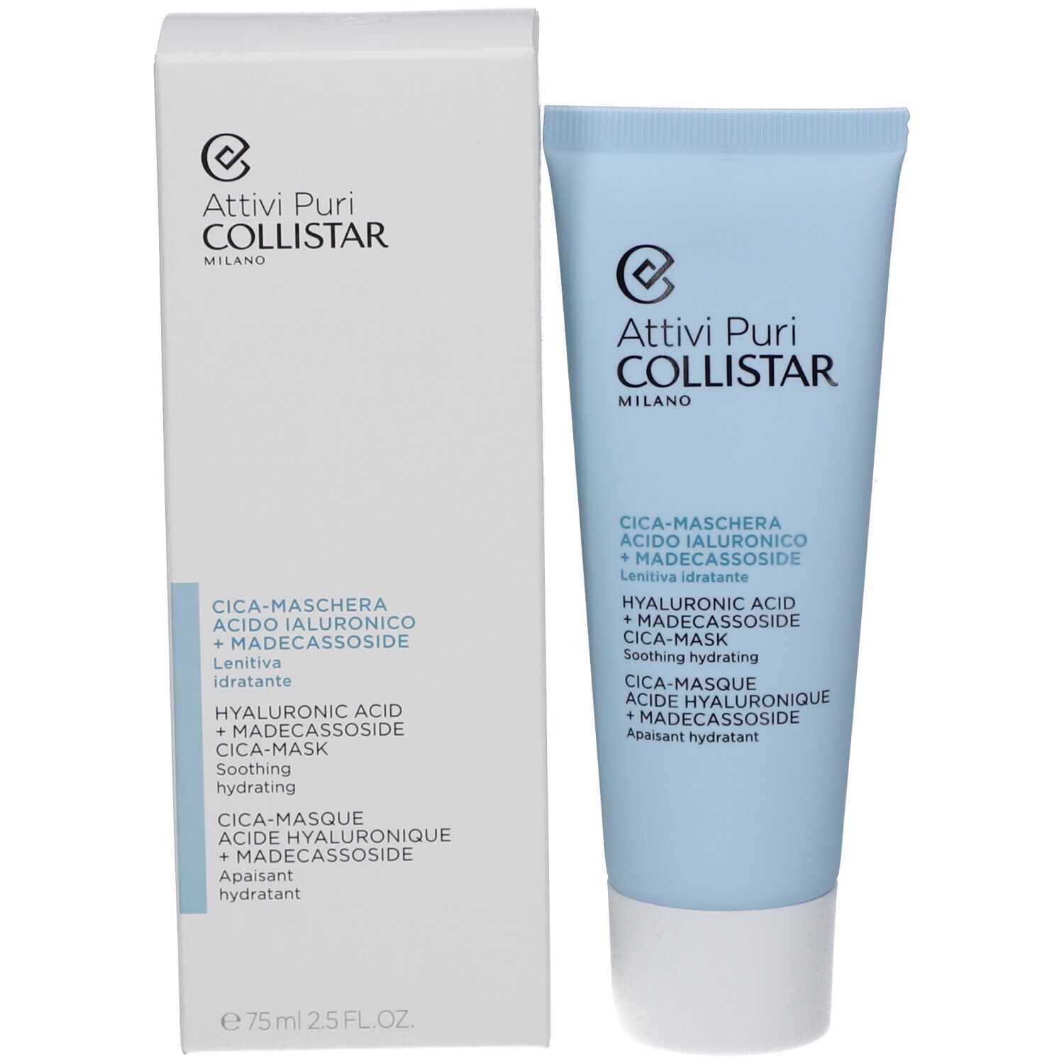 Productverpakking: lichtblauwe tube en witte doos. Opschrift: Attivi Puri Collistar, Cica-Masque, Acide Hyaluronique + Madecassoside.