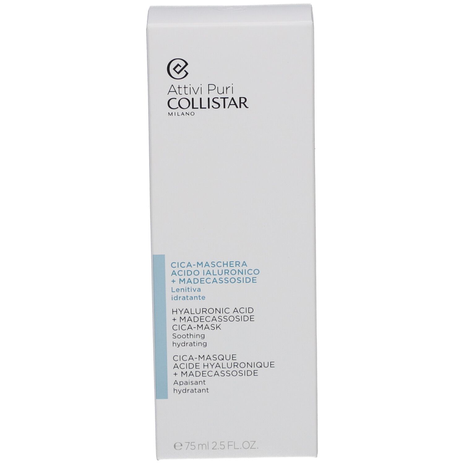 Witte doos met productinformatie. Opschrift: Attivi Puri Collistar, Cica-Masque, Acide Hyaluronique + Madecassoside.