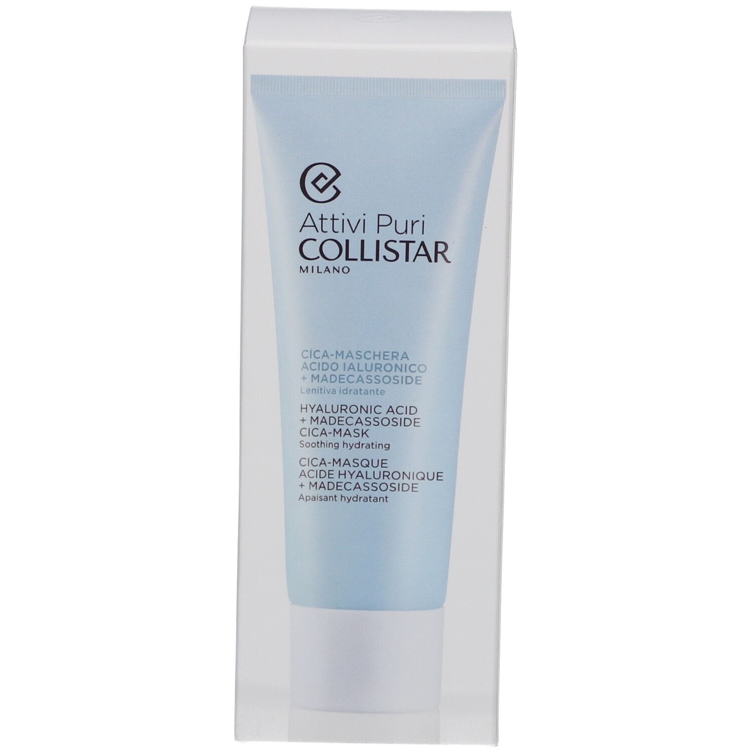 Lichtblauwe tube in transparante verpakking. Opschrift: Attivi Puri Collistar, Cica-Masque, Acide Hyaluronique + Madecassoside.
