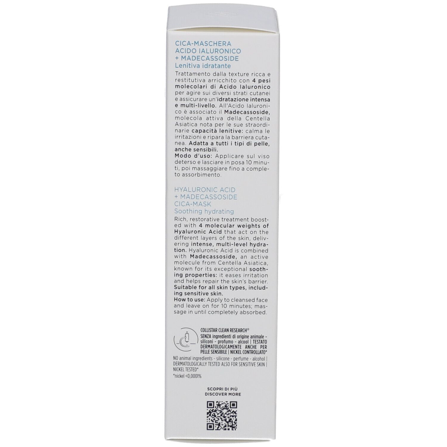 Achterkant van de witte doos. Meertalige tekst: productbeschrijving, gebruik, ingrediënten, dermatologisch getest.