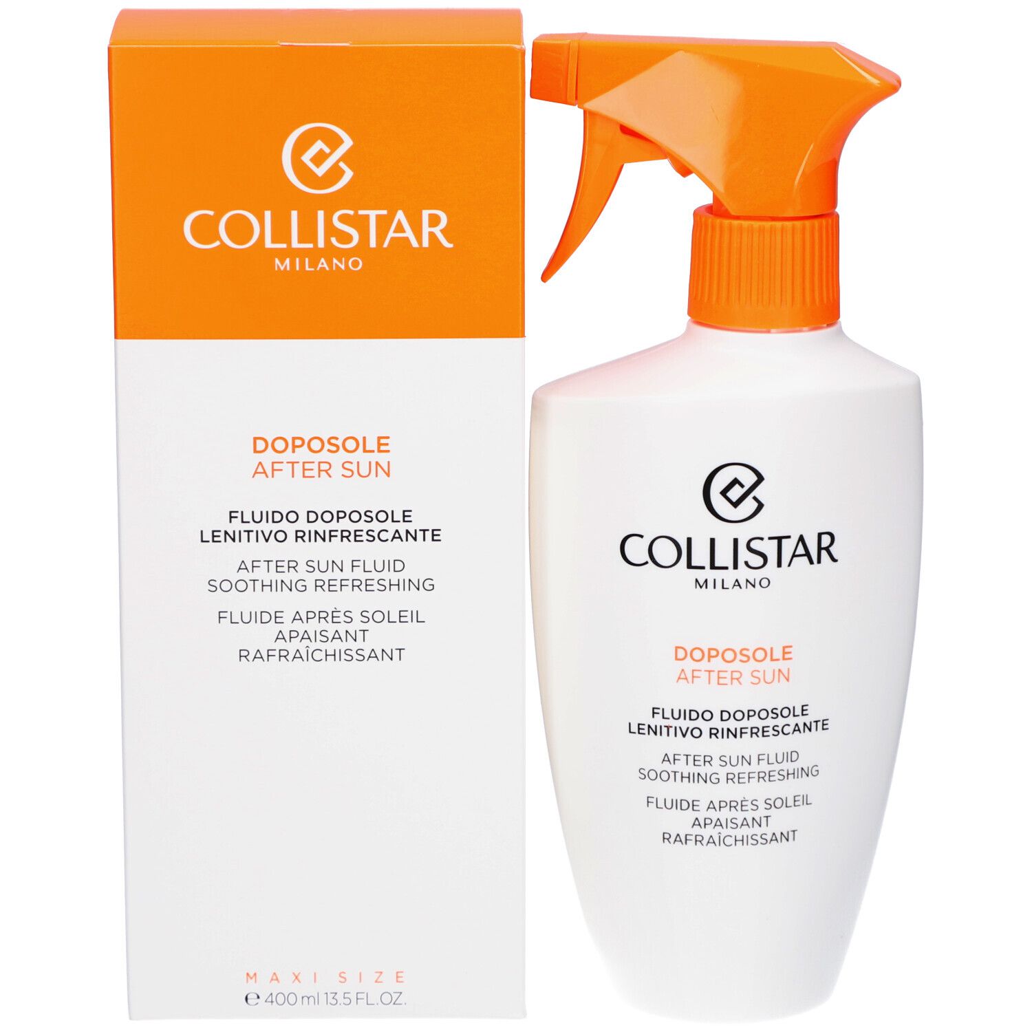 Produktverpackung: Flasche und Schachtel. Aufschrift: Collistar, After Sun, Fluido Doposole. Orange-weiße Verpackung.