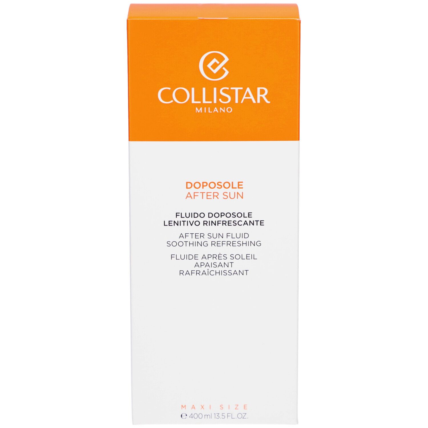 Hohe, rechteckige Verpackung. Aufschrift: Collistar, After Sun, Fluido Doposole. Orange-weiße Verpackung.
