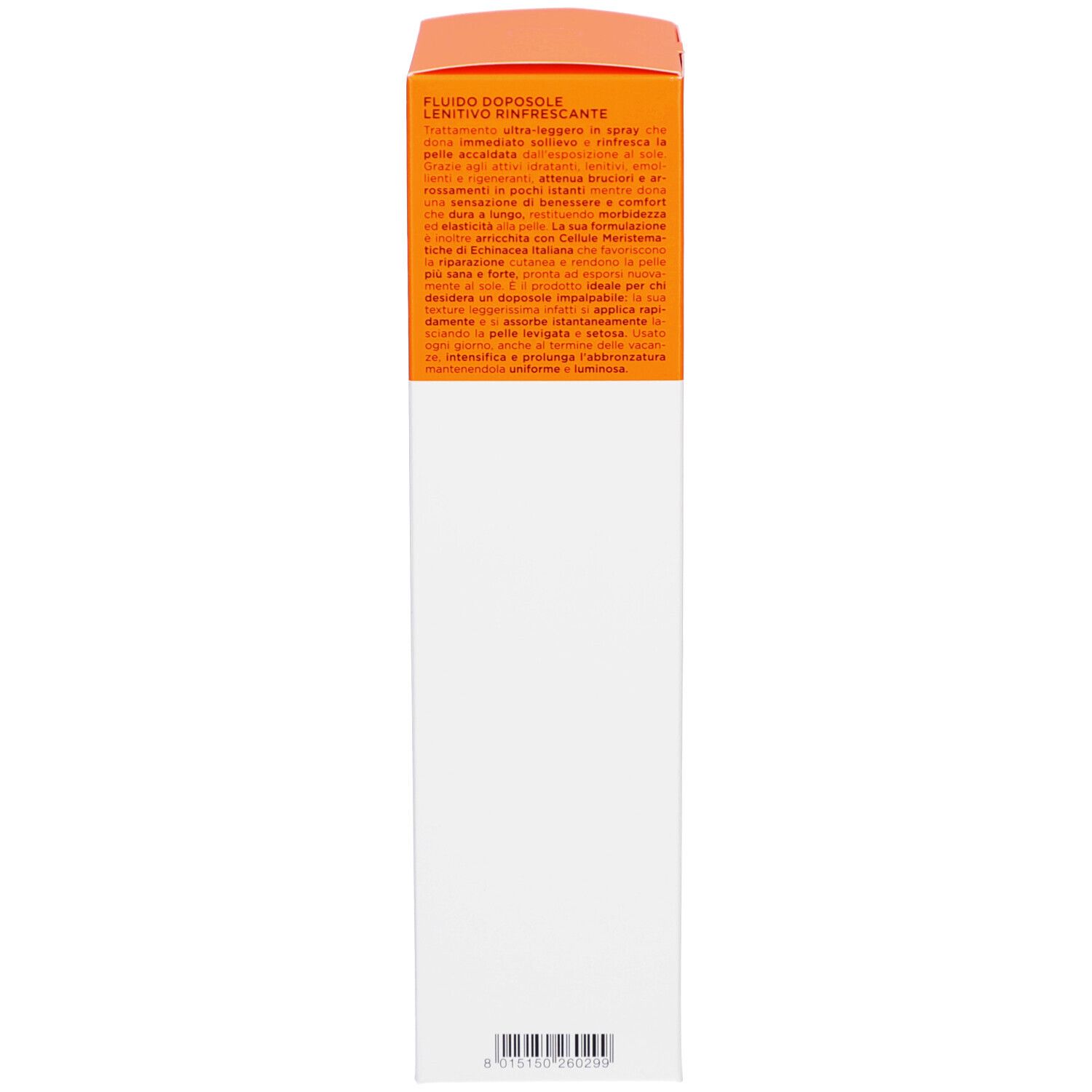 Verpackung, Detail. Text: Anwendung, Inhaltsstoffe. Orange-weiße Verpackung. Logo: Collistar.