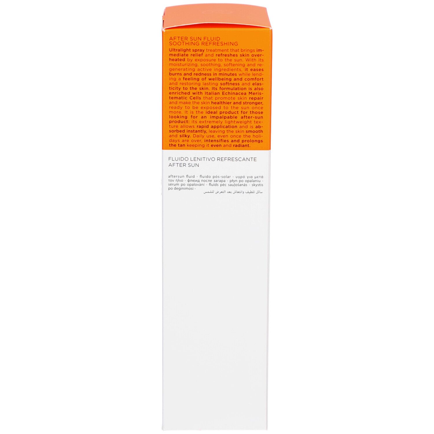 Verpackung, Detail. Text: Anwendung, Inhaltsstoffe. Orange-weiße Verpackung. Logo: Collistar.