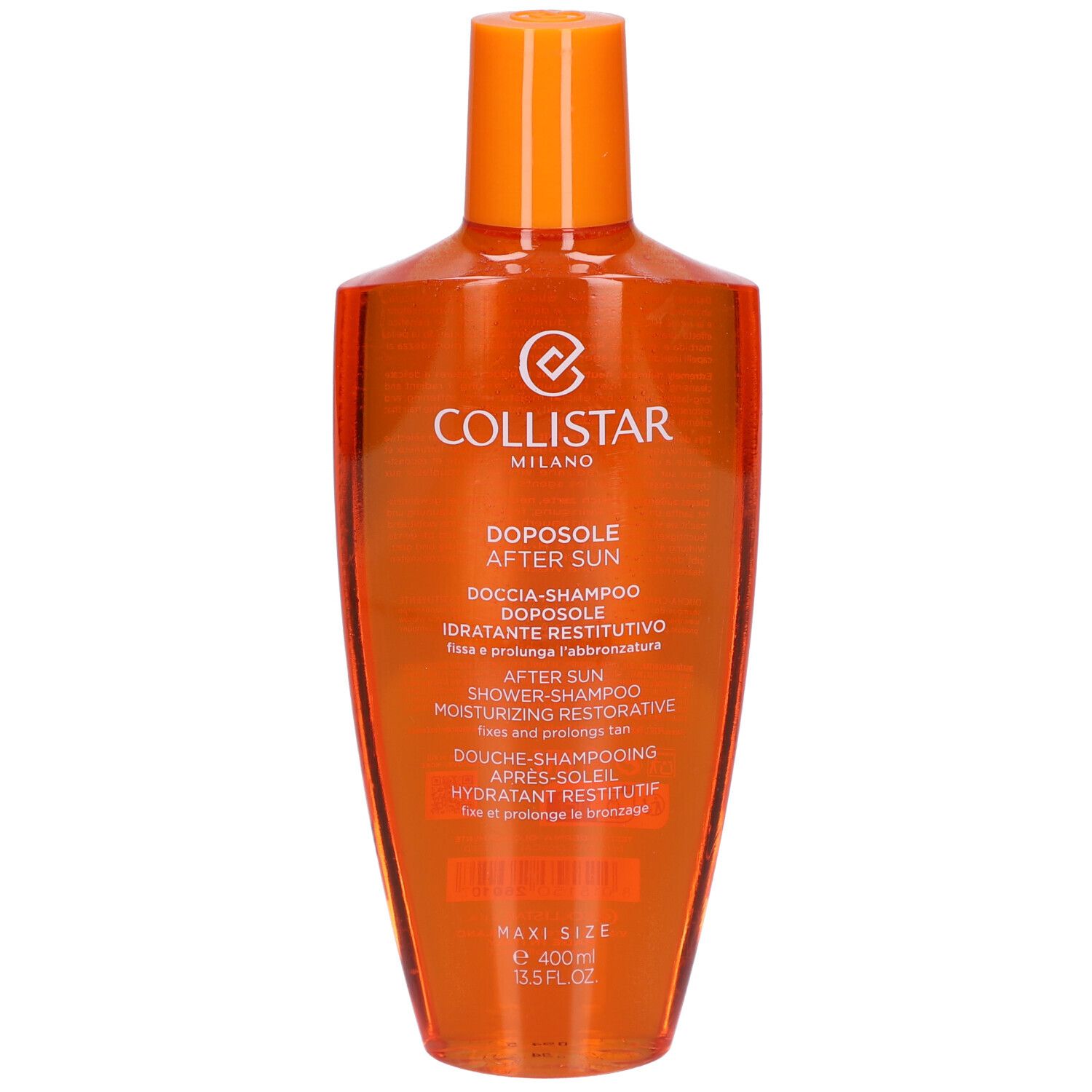 Orangefarbene Flasche. Aufschrift: Collistar, Doposole After Sun, Douche-Shampooing Après-Soleil, Maxi Size.
